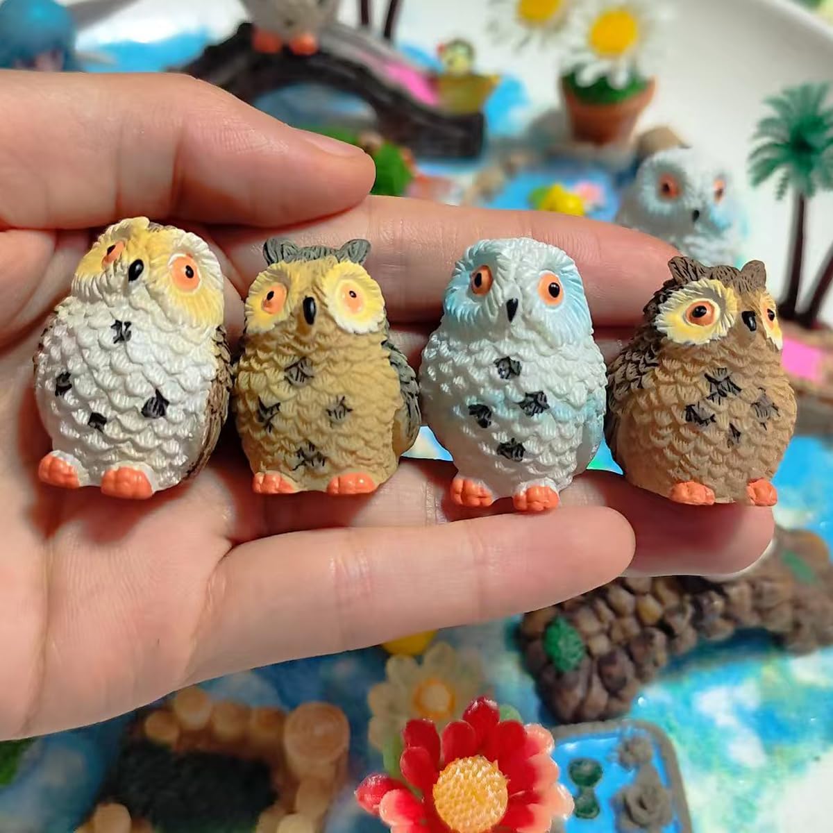 Purple Star Mini Owls 4 Pack Tiny Owls Little Owl Figurines Mini Resin Animals Figures Miniature Owl Ornament Fairy Garden Micro Statues Cake Topper Decorations Women Mother Gifts White