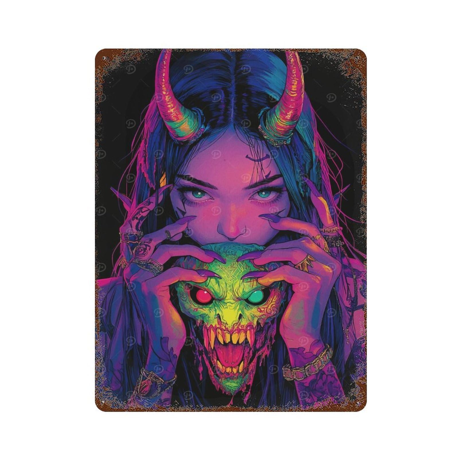 Demon Girl with Skull Rusty Metal Tin Sign 15.7"x11.8", for Living Room, Hallway And Home Decor, Old School Wall Decor
