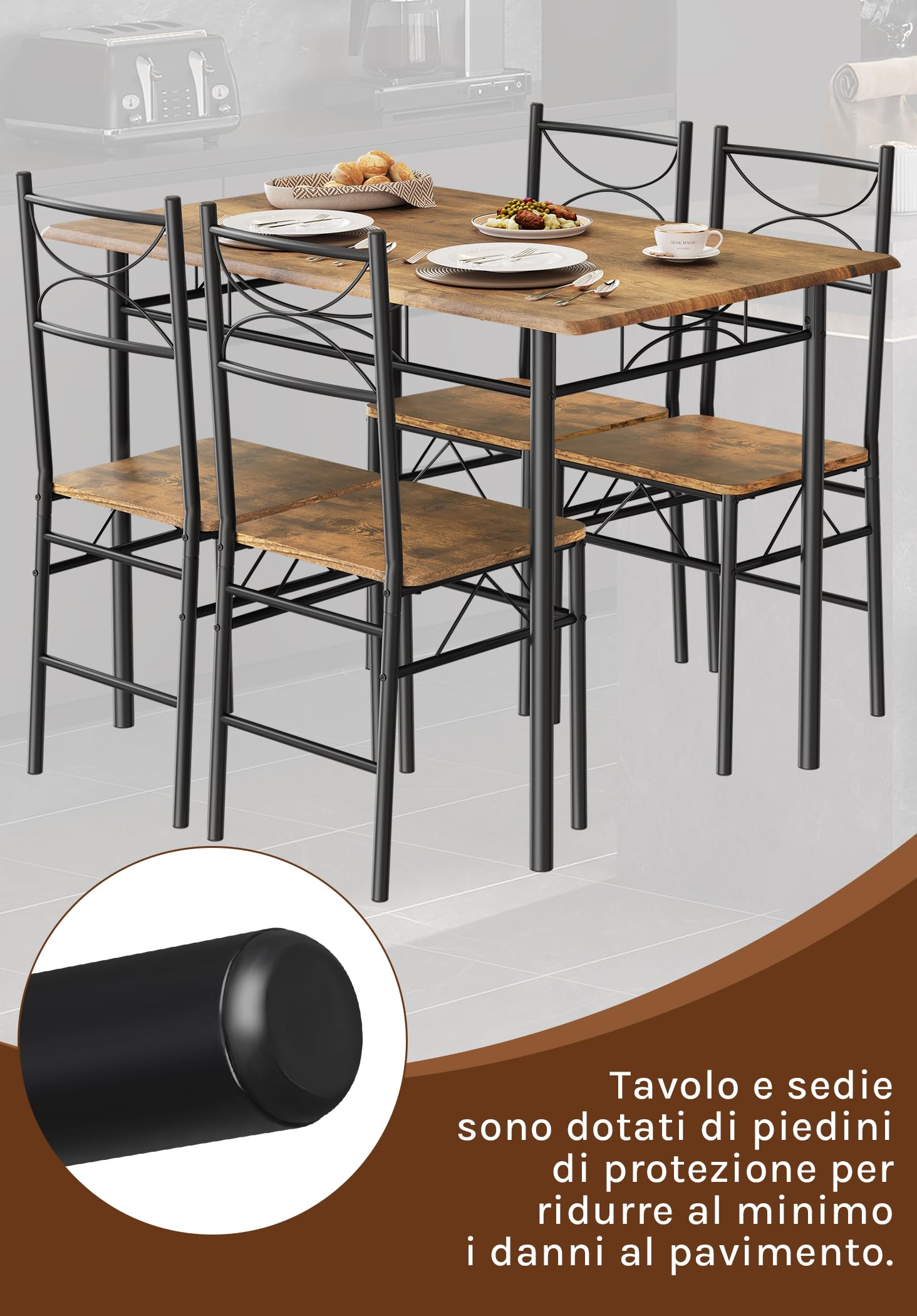 WOLTU Set da Pranzo per 4 Persone, Tavolo Industriale con 4 Sedie, MDF e Struttura in Metallo, Facile da Montare e Pulire,Marrone Rustico + Nero