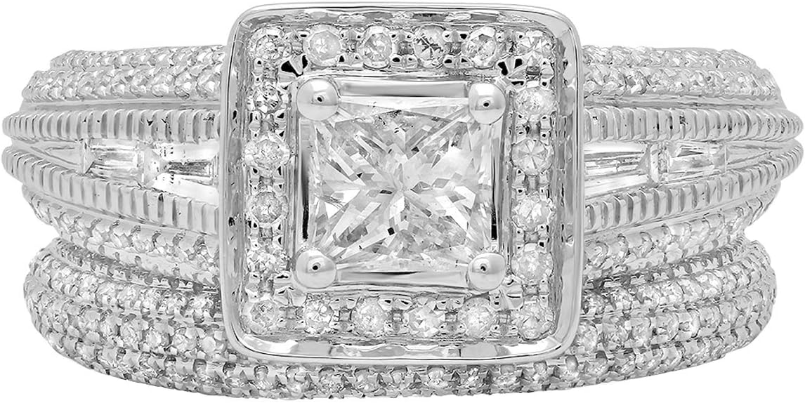 Dazzlingrock Collection 2.30 Cttw 14k Princess & Round Diamond Womens Halo Bridal Engagement Ring Set 2 1/, Solid White Gold