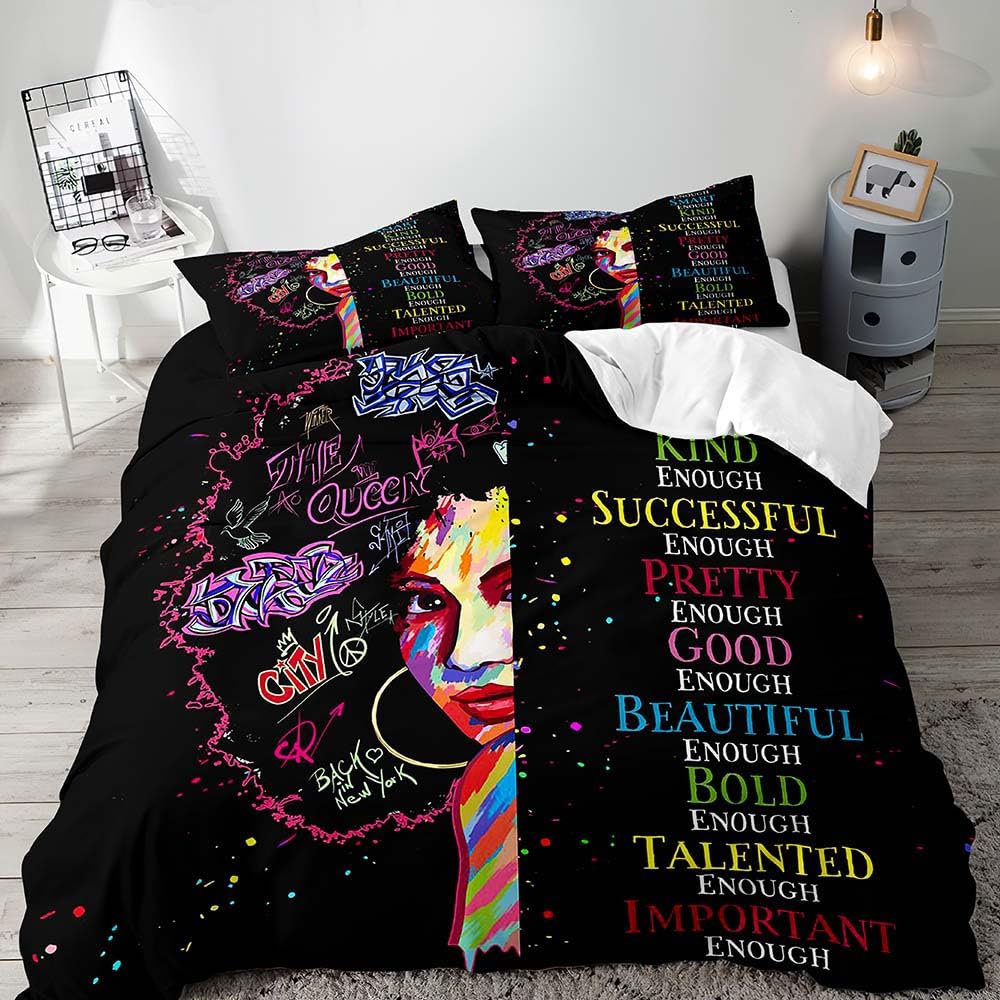 LUVIVIHOME 3PCS Black Duvet Cover Queen Bedding Sets, I Am Enough African American Black Girl Magic Afro Black Art Colorful Graffiti Comforter Quilt Cover, Inspirational Gifts for Women 2 Pillow Cases