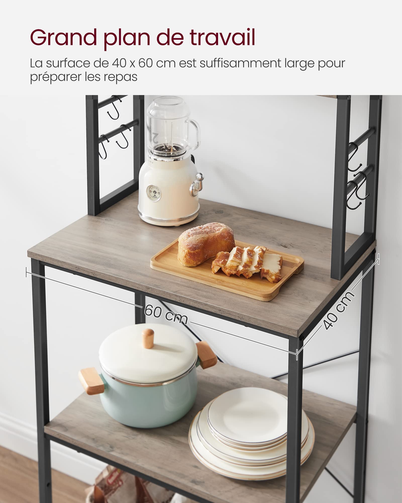 VASAGLE Étagère de Cuisine, Étagère pour Machine à Café, 6 Étagères et 6 Crochets, pour Four à Micro-Ondes, Cadre en Acier, Style Industriel, 40 x 60 x 167 cm, Gris et Noir KKS024B02