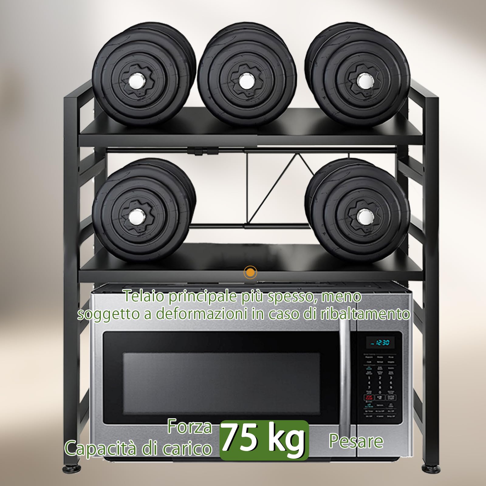 Scaffale a microonde a 2 livelli, larghezza regolabile, supporto per riporre il tostapane, scaffale cucina, allungabile da 40 a 63 cm, capacità di carico 75 kg (nero)