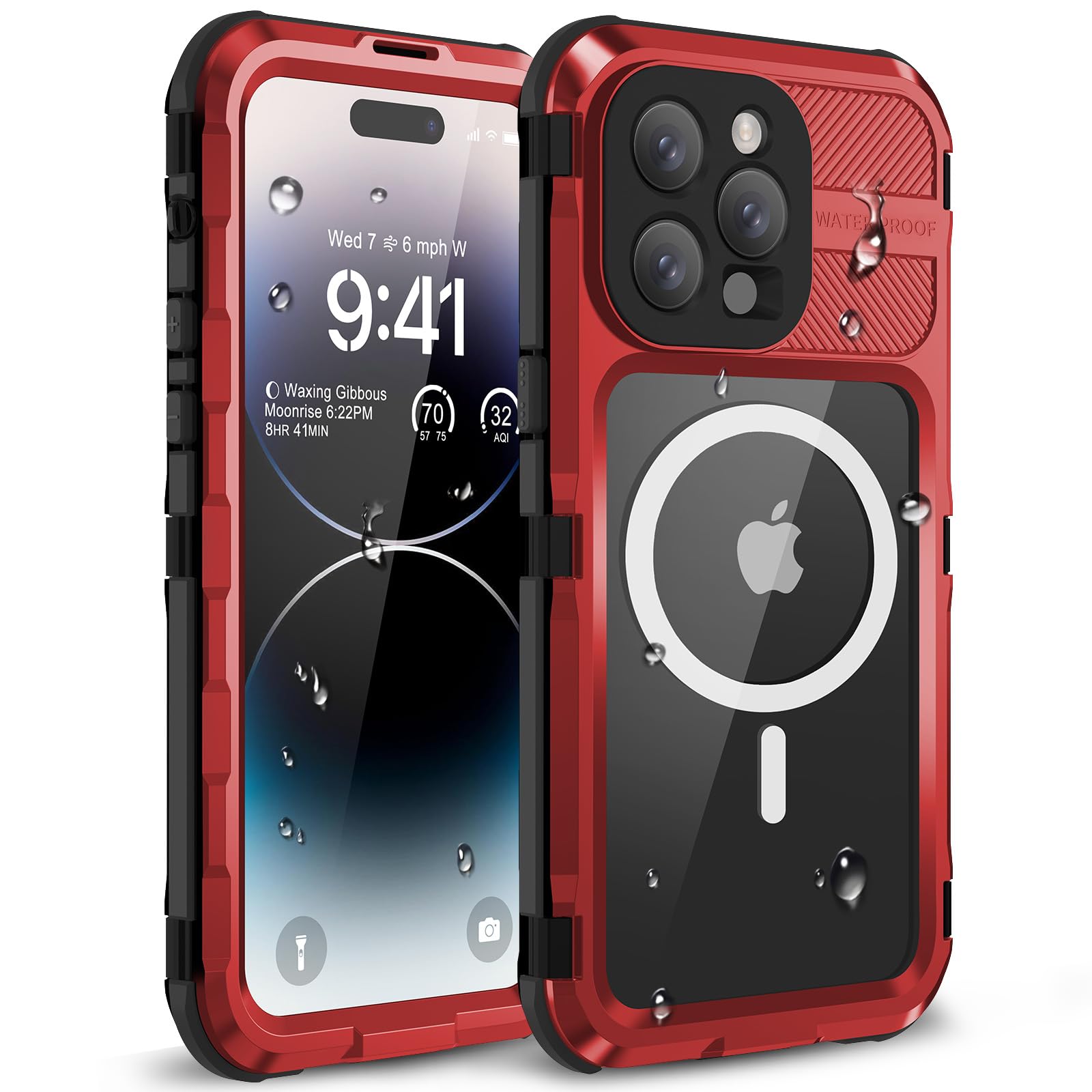 WIFORT for iPhone 14 Pro Max Waterproof Case,Shockproof Dustproof Heavy Duty Metal Cover with Build-in Screen Protector,[Compatible with Magsafe] 360 Full Body Protective Cases - 6.7", Red