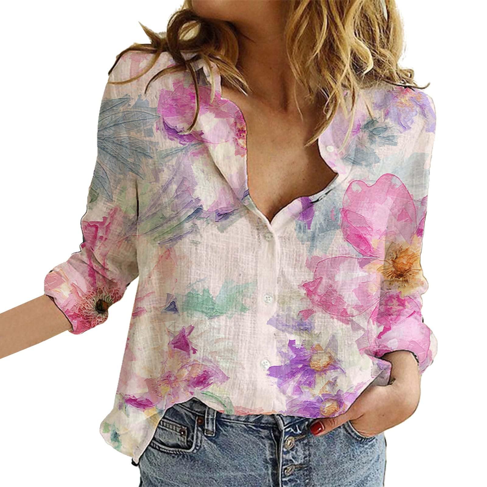 Women's Casual V Neck Boho Floral Print Roll Up Long Sleeve Chiffon Button Down Blouses Bohemian Top Shirts(Orange,XX-Large)