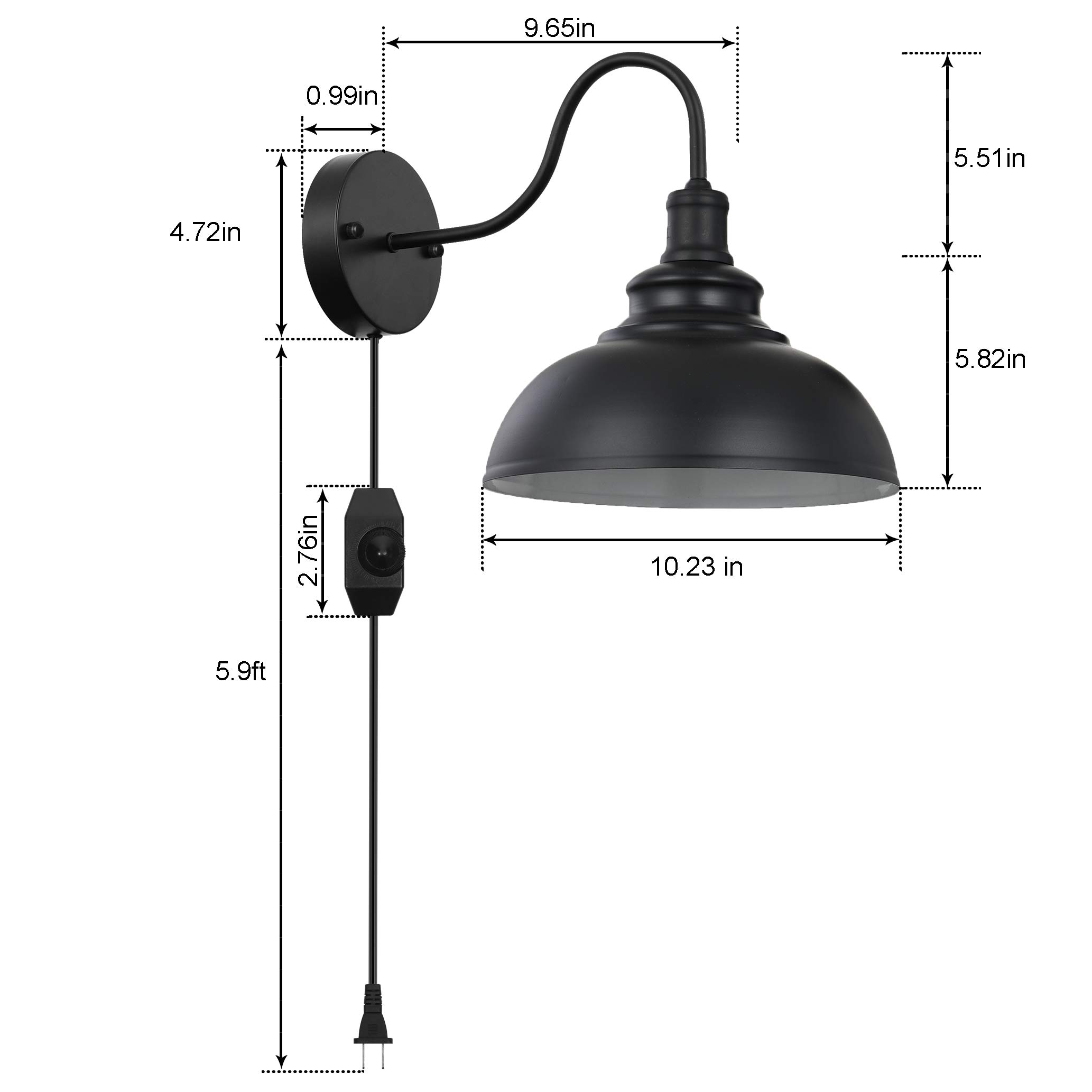 Black Gooseneck Industrial Wall Sconces E26 Base with Plug in Wall Lamp Dimmer Switch Vintage Style Wall Light Fixture for Farmhouse Bedroom Bedside Nightstand Headboard Porch Garage of 2 Set Packs