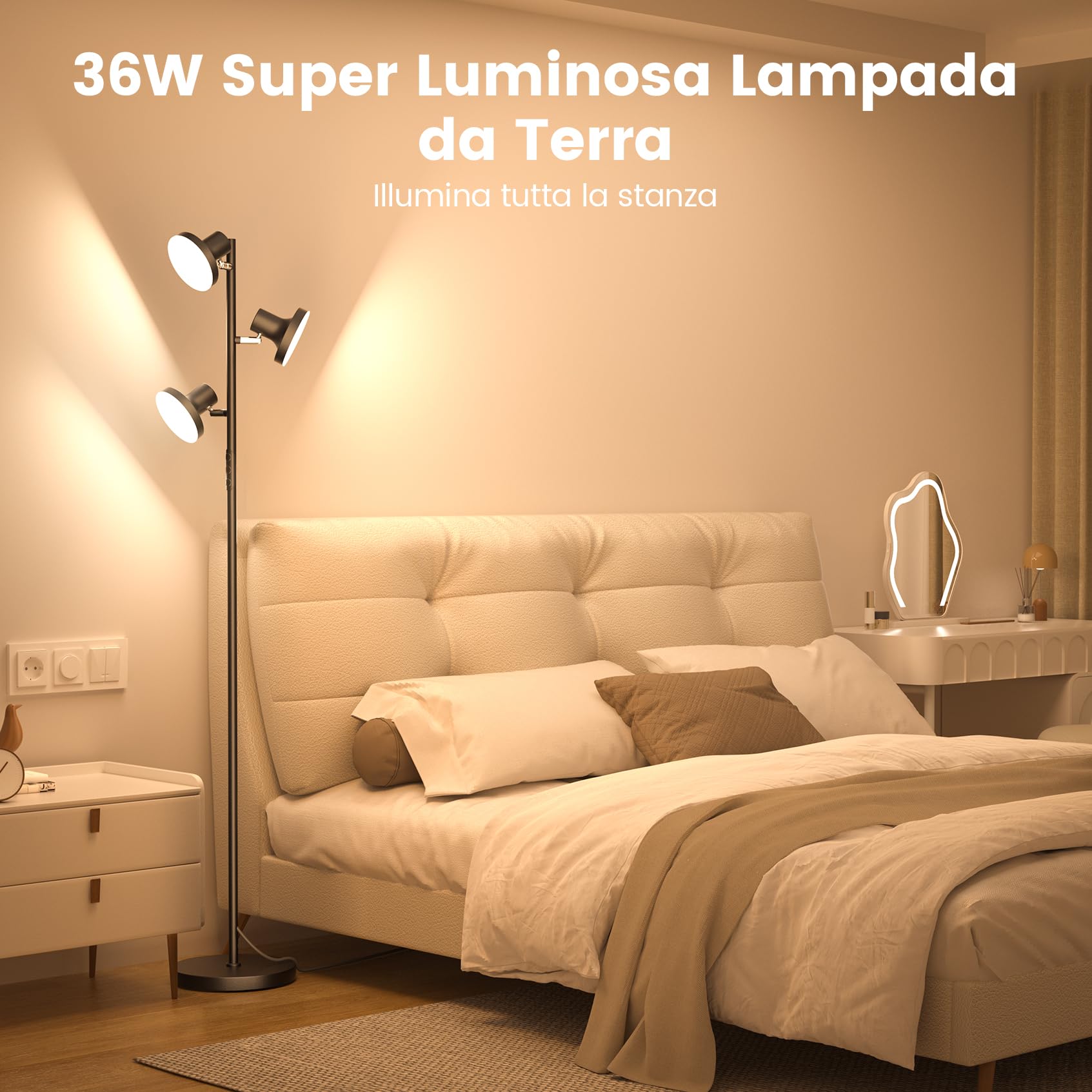 SIBRILLE Lampada da Terra Salotto 36W, 2500LM Piantana Lampada da Terra con Telecomando, 2700K-6500K Dimmerabile Lampade da Terra LED 3 Luci Individuale Controllo per Soggiorno, Lettura e Ufficio