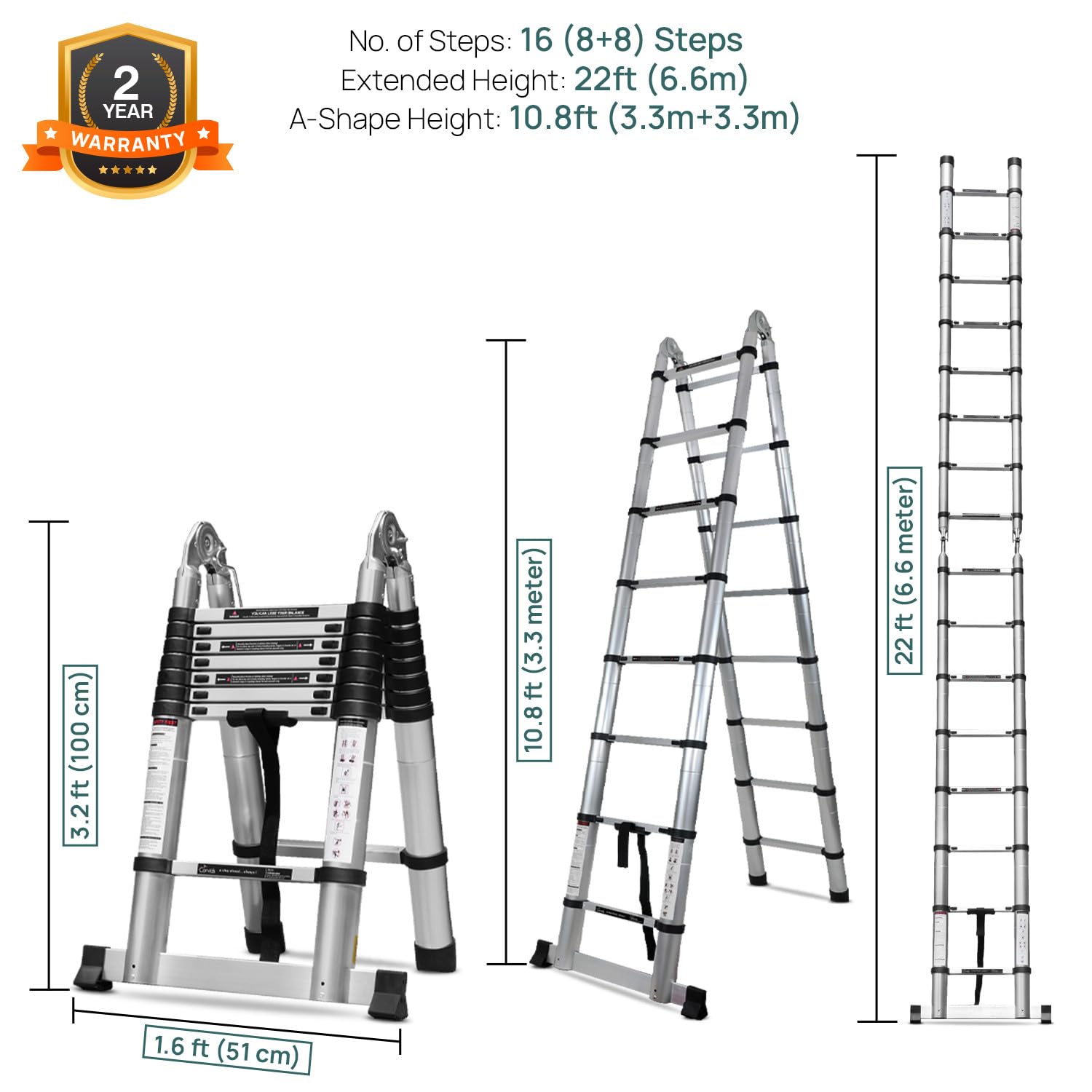 Corvids Portable and Compact 22 feet A Type Aluminium Telescopic Ladder with 16 Steps | 2-Year Warranty | for Household and Outdoor Use EN131 Certified (22 ft (6.6 m) - A Type) — Amazon image 4