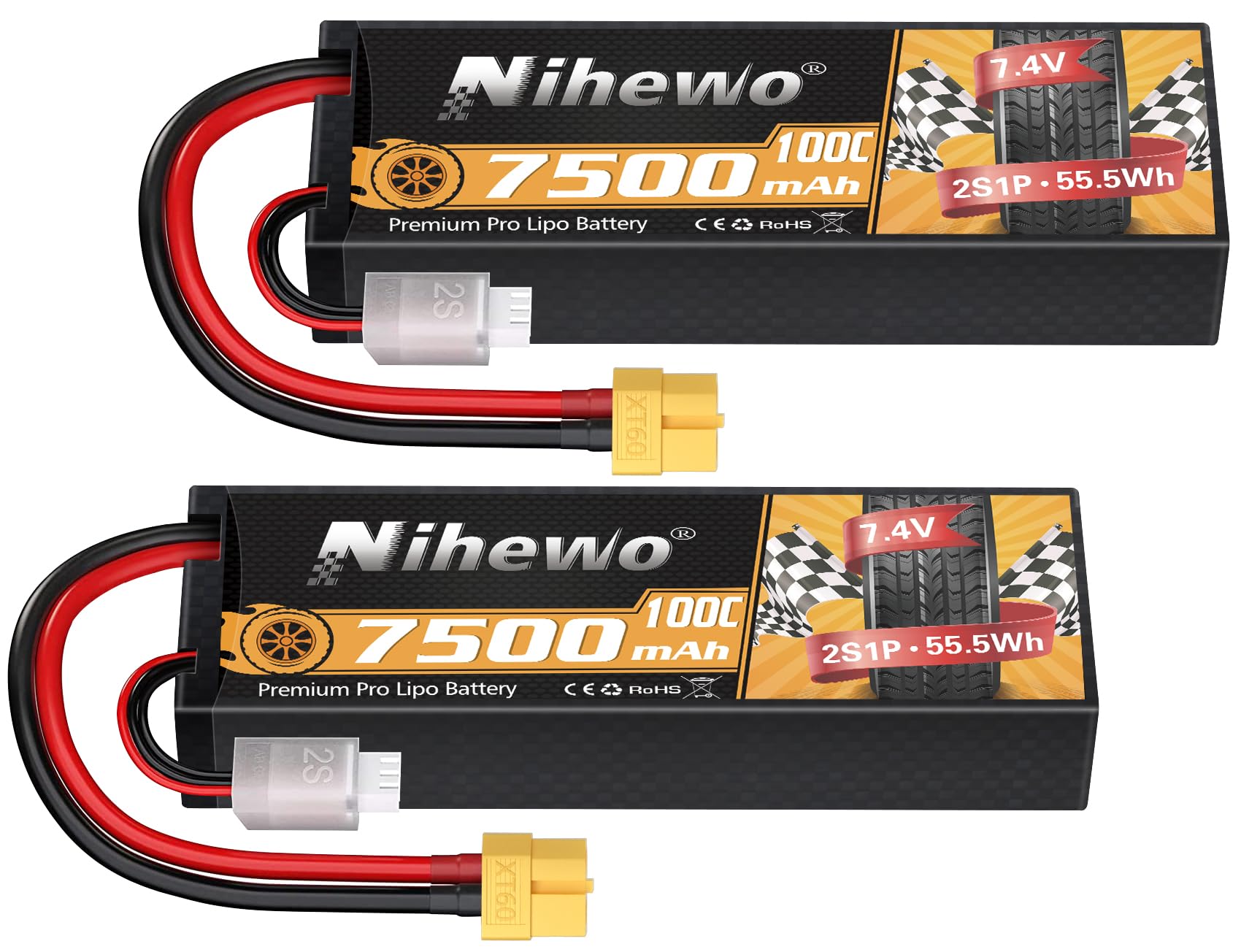 2Packs 2S Batterie Lipo, 7,4 V 7500 mAh RC Batterie 100 C Étui Rigide Lipos XT60 Connecteur Compatible avec 1/8 1/10 RC Voiture Camion Truggy Véhicules Réservoir Bateau Avion Modèles
