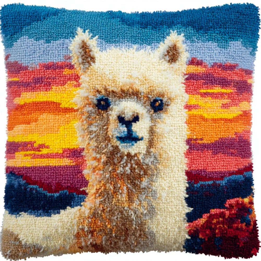 FWRTYCB Latch Hook Kits for Adults Alpaca At Sunset Latch Hook Pillow Cush