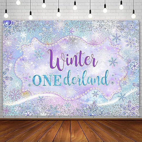 AIBIIN Telón de fondo de invierno de 7 x 5 pies para niñas, diseño de copos de nieve, feliz primer cumpleaños, decoración de fiesta de primer