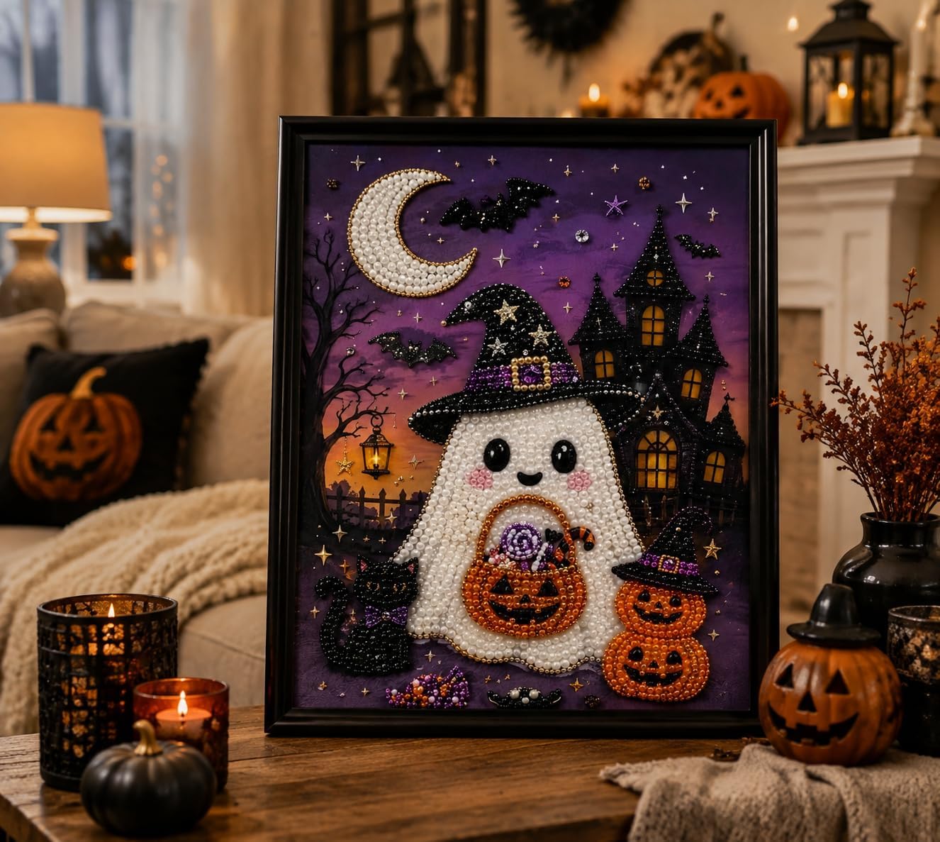 Semneroy Halloween Ghost Pearl Diamond Painting Kits for Adult, Special Shape Diamond Art Kits for Pumpkin Witch Hat, DIY Pearl Painting Kit for Home Decor 12 × 16 inch