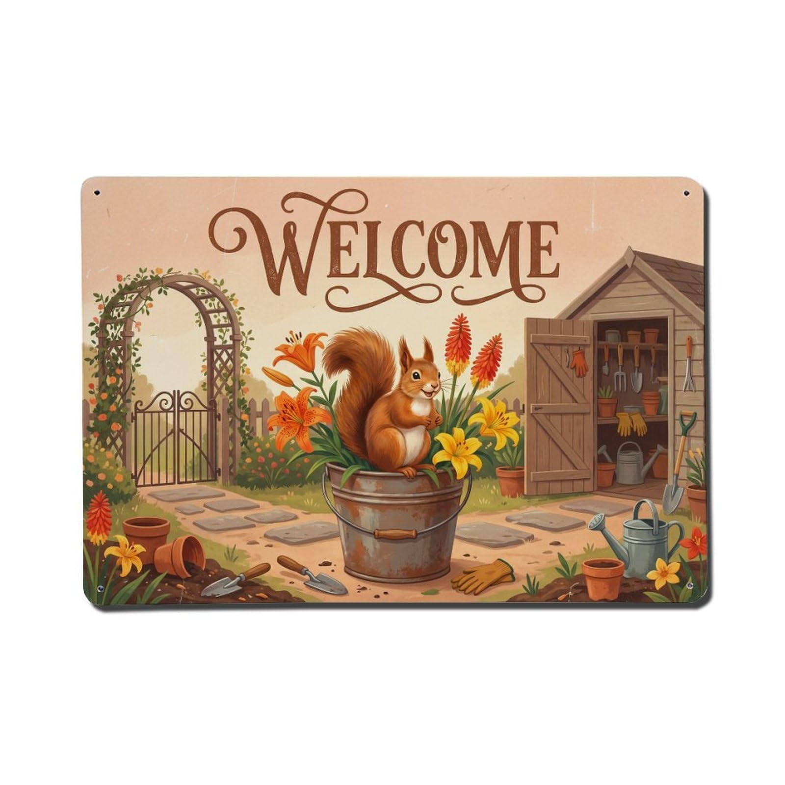 Vintage Welcome Squirrel Green Thumb Metal Tin Sign