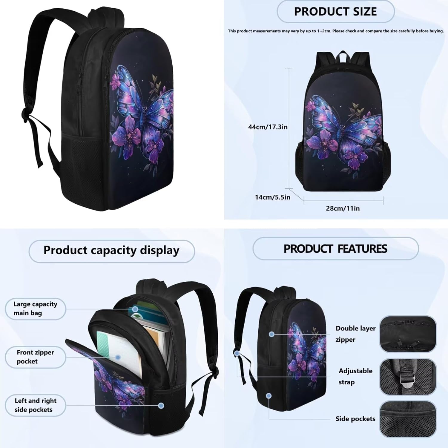 Butterfly School Backpack for Girls Flower Bookbag Set with Lunch Bag and Pencil Case Lightweight Kids Backpack Kindergarten School Backpack for Teens Pencil Bag Set