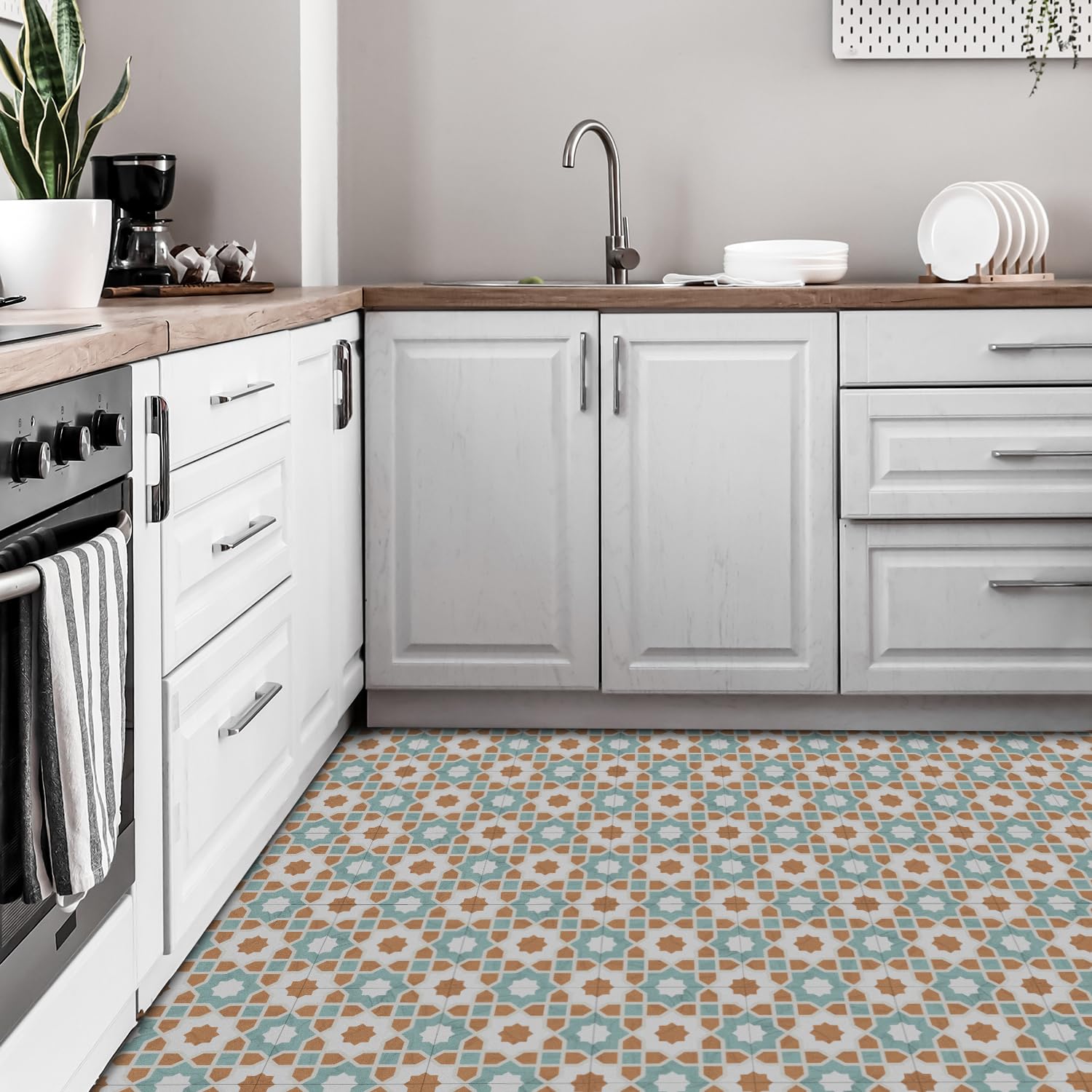 Fliesenaufkleber Blumengeometrie Für Küche Und Bad,Vinyl-Küchenrückwand Klebefliesen,Wasserdicht Ölfest ​Klebefliesen Küche Zum Abziehen Und Aufkleben,Pvc Fliesenaufkleber Bad 8 PC(20x20cm)