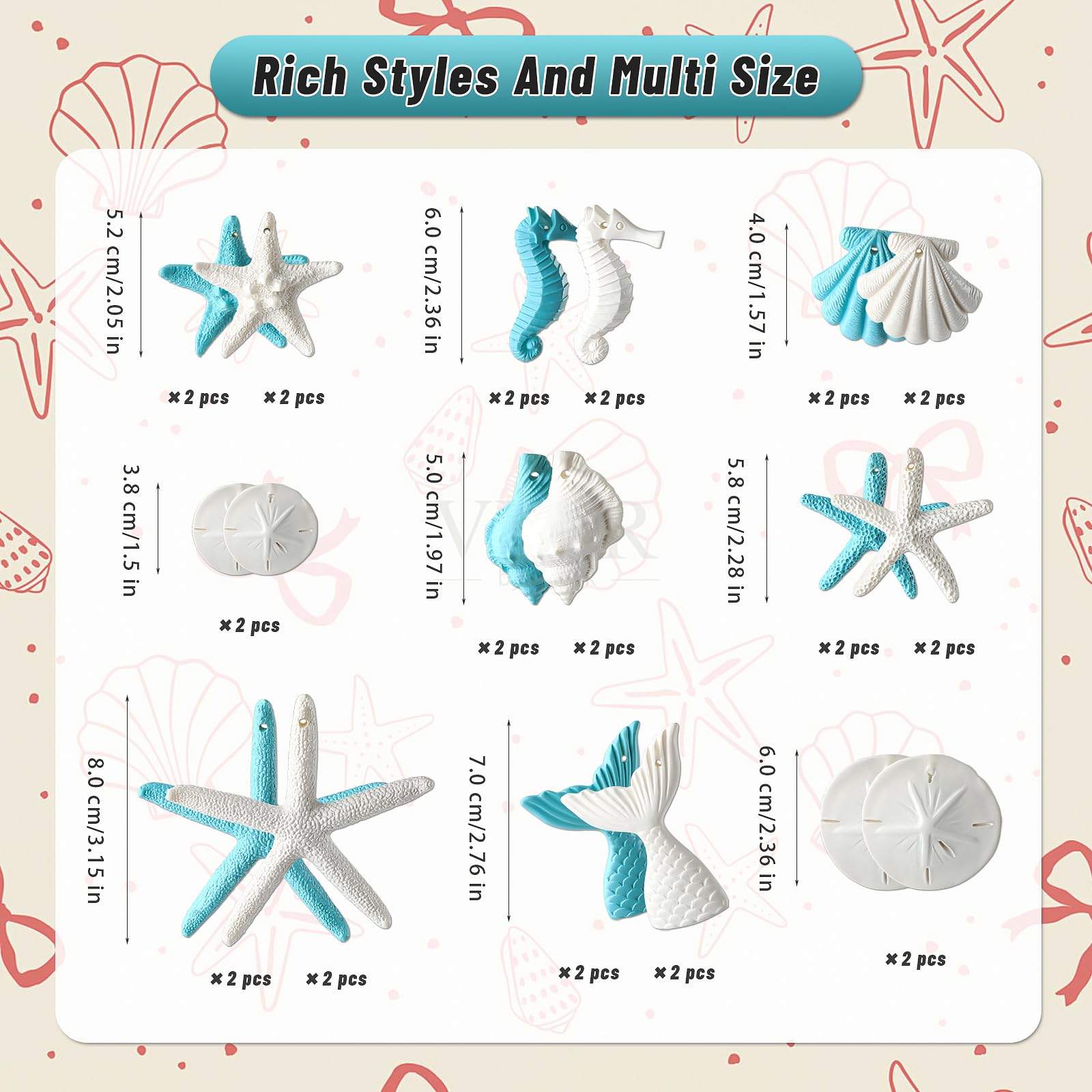 Fangoo 32Pièces Plage thème Ornements résine pour Arbre de Noël Coquillages étoiles de mer Cheval de mer canapé sirène Queue Forme accrochée pour fête d'été Anniversaire Salle de Bains décorations