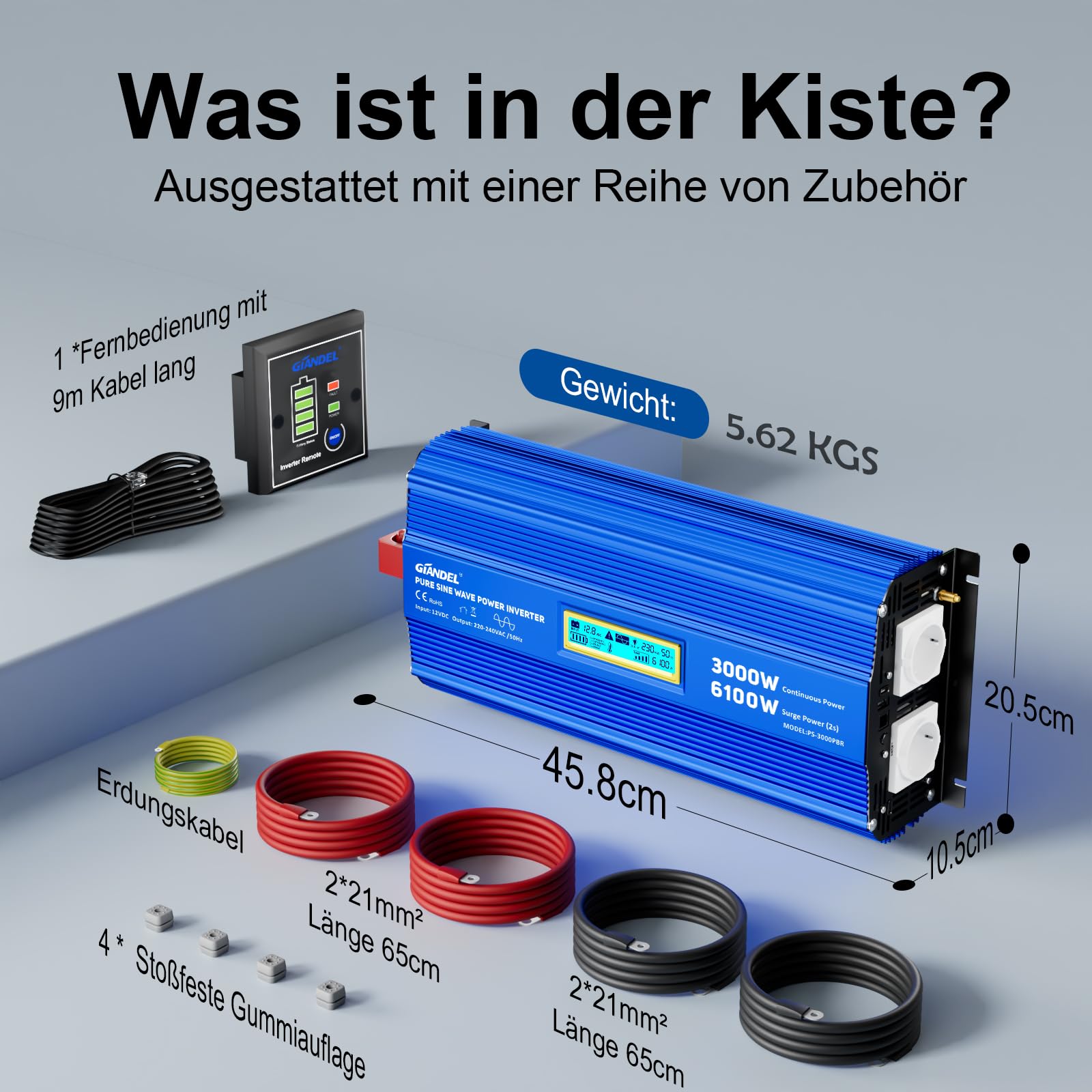 GIANDEL 3000W Reiner Sinus Wechselrichter 12V auf 230V Spitzenleistung 6100W Spannungswandler Kompatibel mit LiFePO4 Power Inverter mit Fernbedienung und USB-C PD 30W für Wohnmobil Camping Wohnwagen