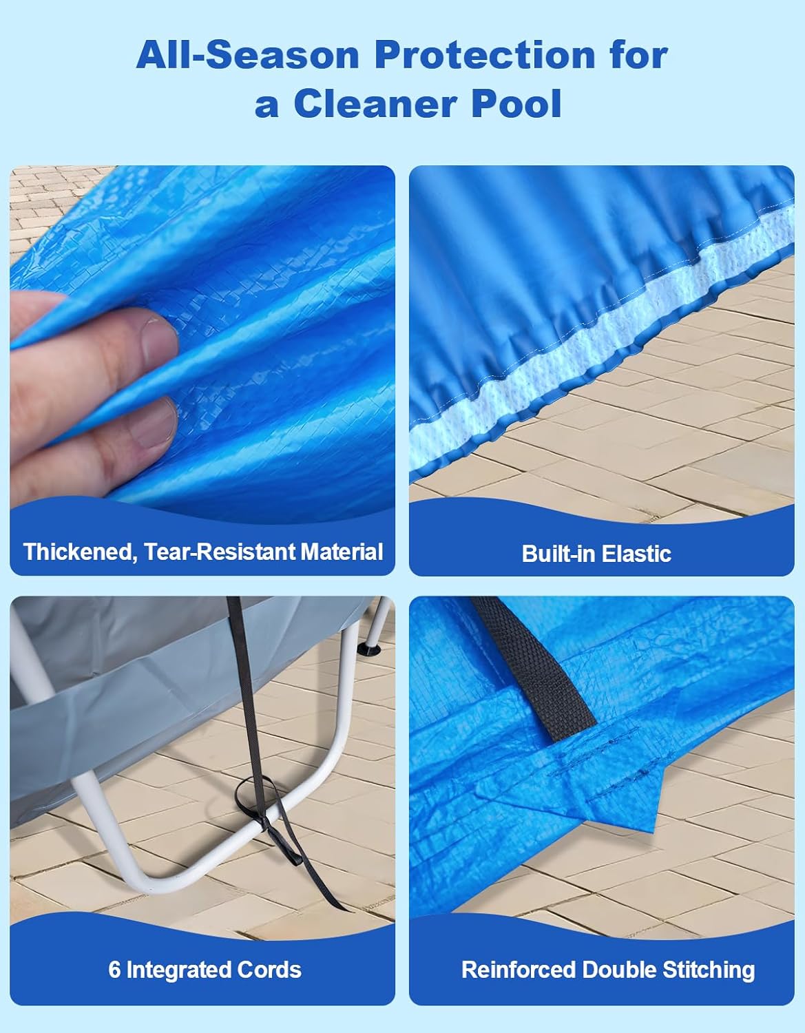 16’ x 10’ Oval Pool Cover for Above Ground Pools, Built-in Elastic & 6 Integrated Cords, Easy 20s Setup, Above Ground Swimming Pool Cover Fits 16’ x10’ & 14’x8.2’ Pools