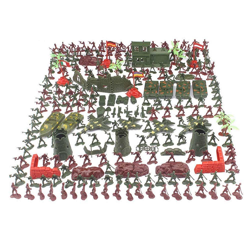 290PCS Army Action Figures Set, Mini Soldier Model Toys Plastic Military Army Men Figures Soldier Toy for Kids, Included Tanks Planes Flags Sandbags, Stones, Trees, Boats Accessories