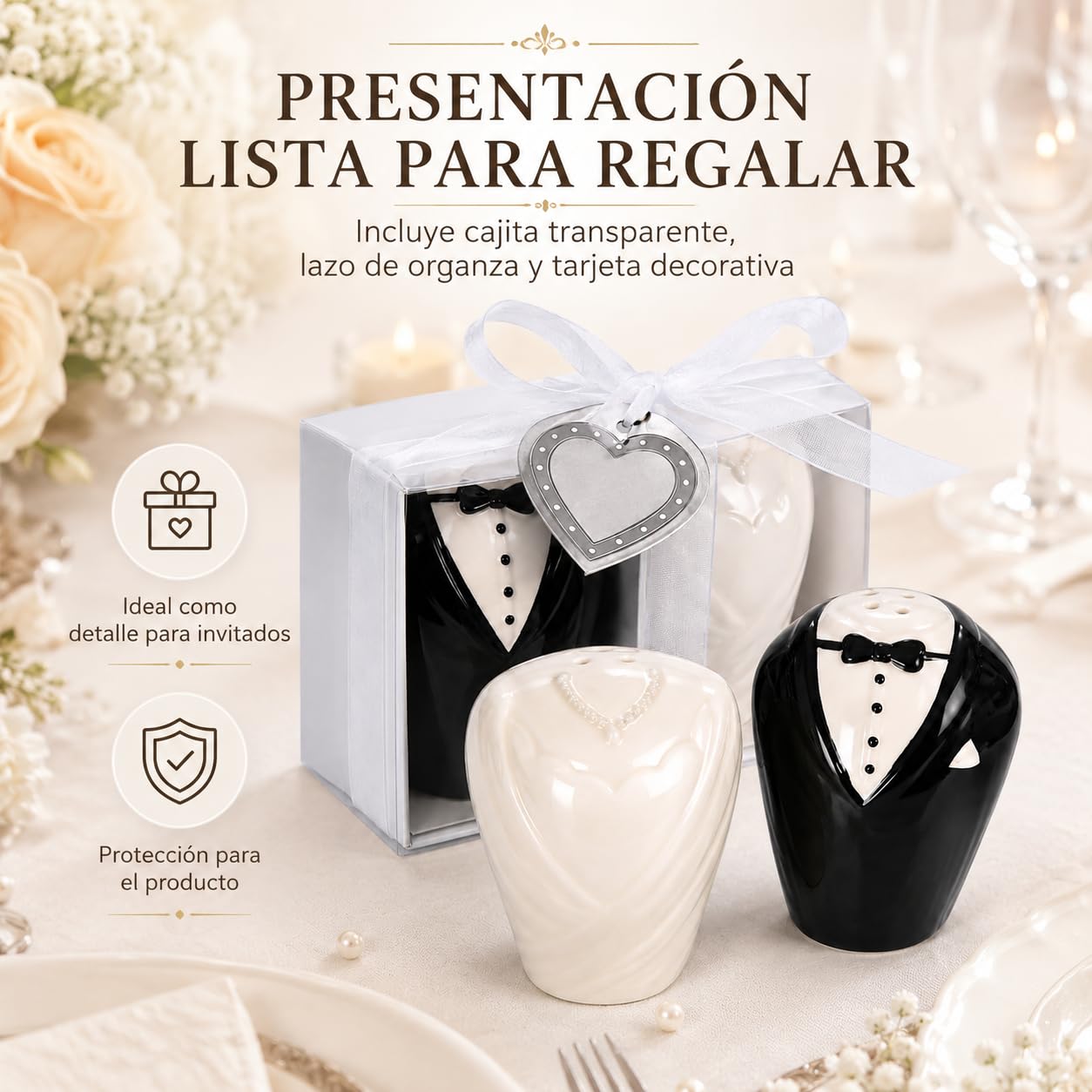 Detalles para Boda Invitados, Salero y Pimentero Novios Cerámica, 25uds | Detalle práctico para invitados de boda, ideal para repartir en ceremonias, banquetes o eventos de verano.