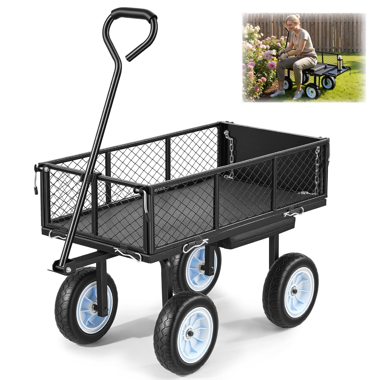 VEVOR Bollerwagen 226,8 kg Tragkraft, Gartenwagen mit Sitz & PU-Rädern, Transportwagen mit Werkzeugablage & Verstellbarem Griff, Gerätewagen für Rasen, Terrasse & Garten, Schwarz