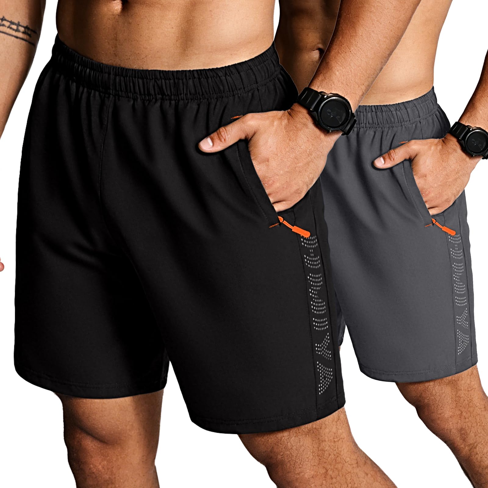 HMIYA 2er Pack Sporthose Herren Kurz Sport Shorts Sommer Laufhose Trainingshose mit Reißverschlusstasch