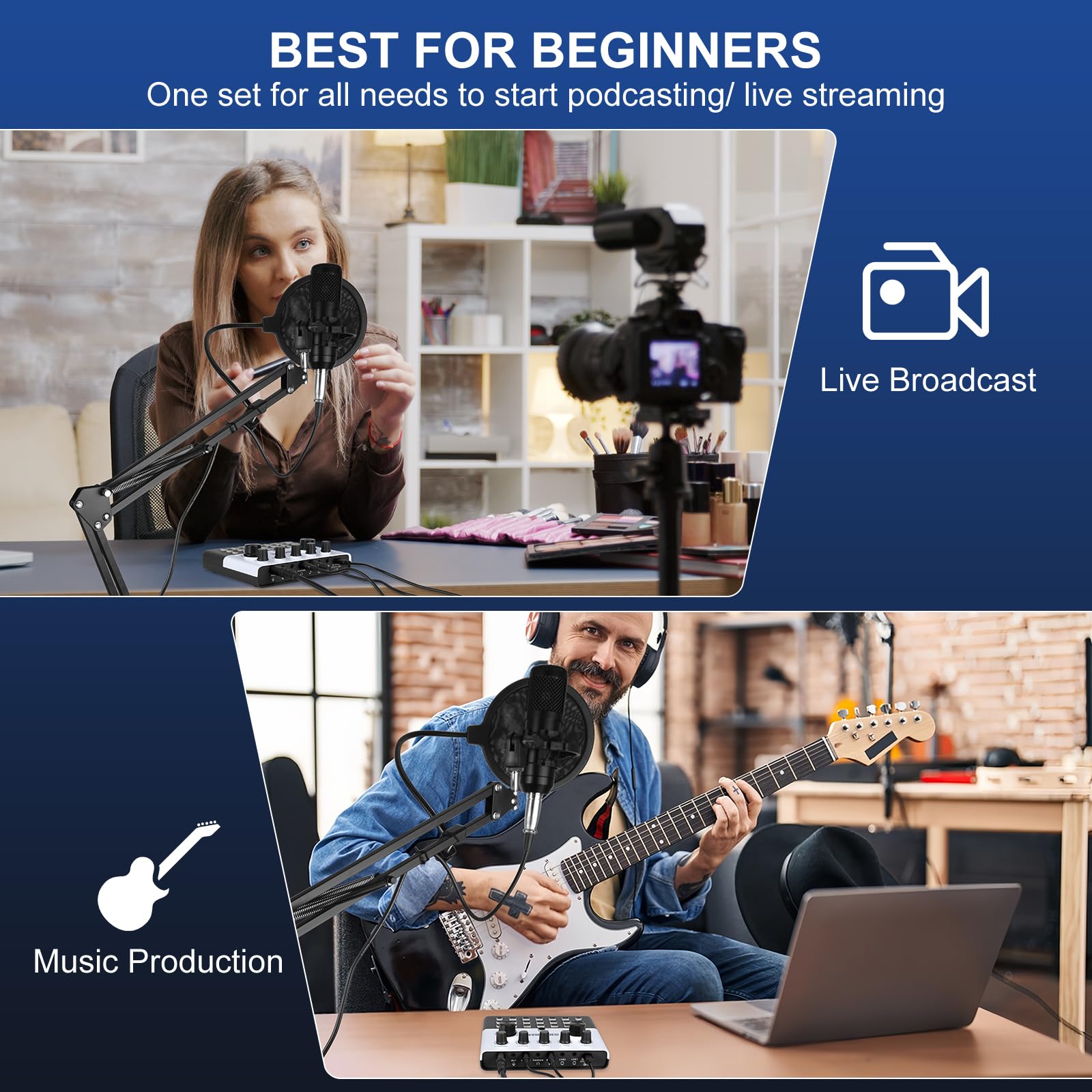 F993 All-in-One Podcast Equipment Bundle，BM-800 Recording Studio Package with Voice Changer, Live Sound Card - Audio Interface for Vlog/Live Streaming/Singing/YouTube/Gaming(White)