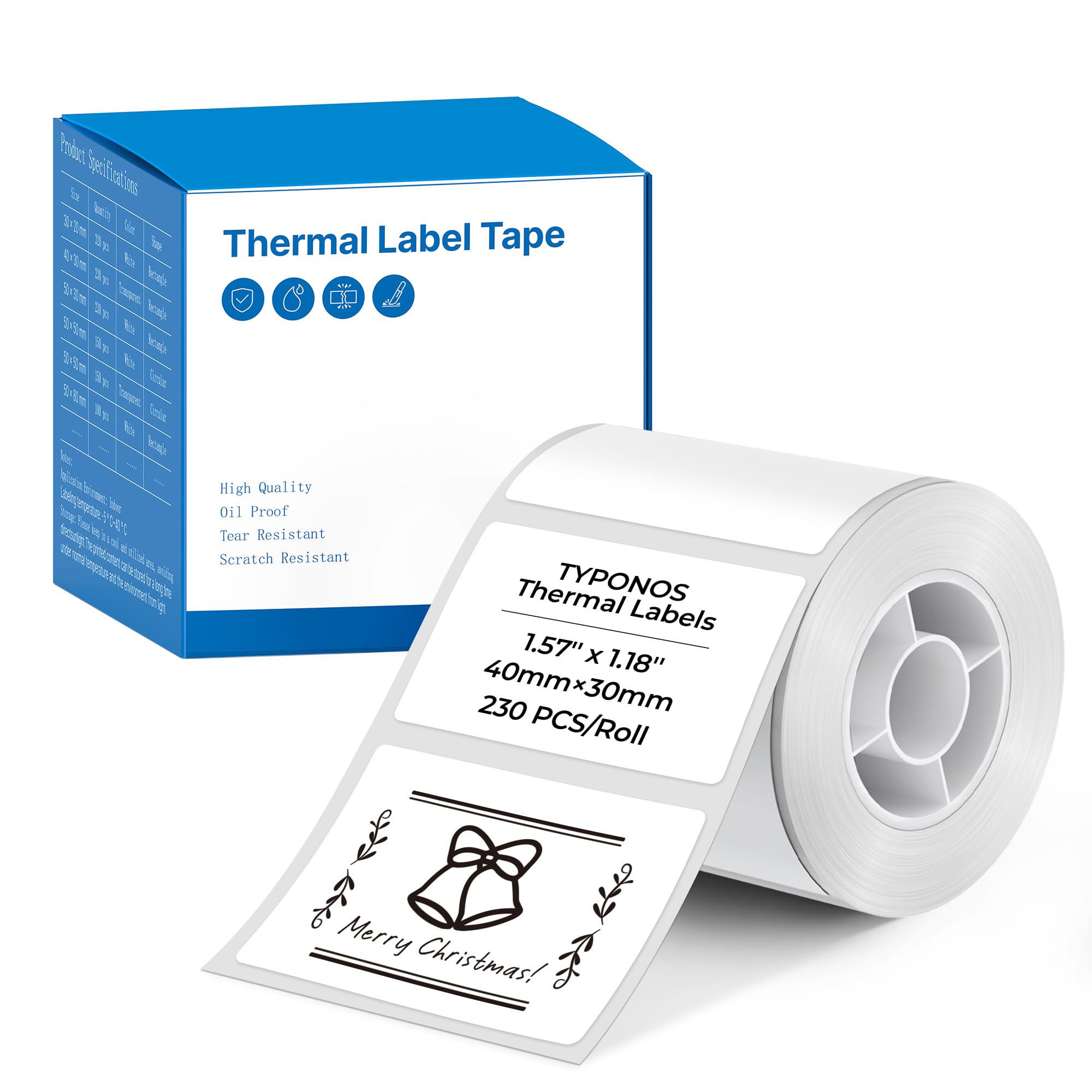 TYPONOS PM240 Label Maker Tape, 40x30mm (1.57"x1.18") Thermal Label, Waterproof, Multi-Purpose Label, Self-Adhesive Tag for Office, School, Home Kitchen Organization, 230 Labels/Roll, White