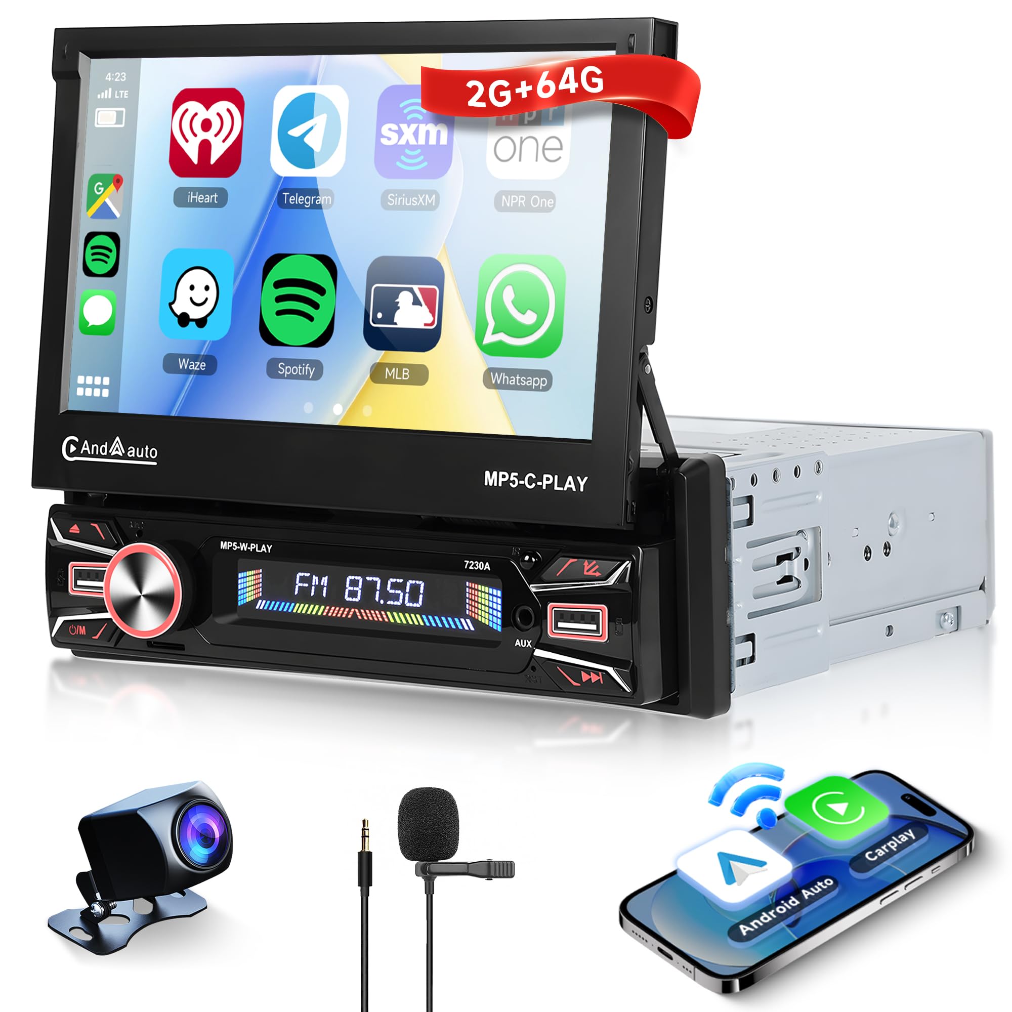2G+64G Wireless Carplay Android 13 Radio de Coche 1 DIN con Android Auto Navi GPS WiFi 7 Pulgadas Pantalla Extensible Radio Coche con Mirror Link Bluetooth FM/RDS/EQ/Dab/OBD/DVR/SWC Cámara Trasera