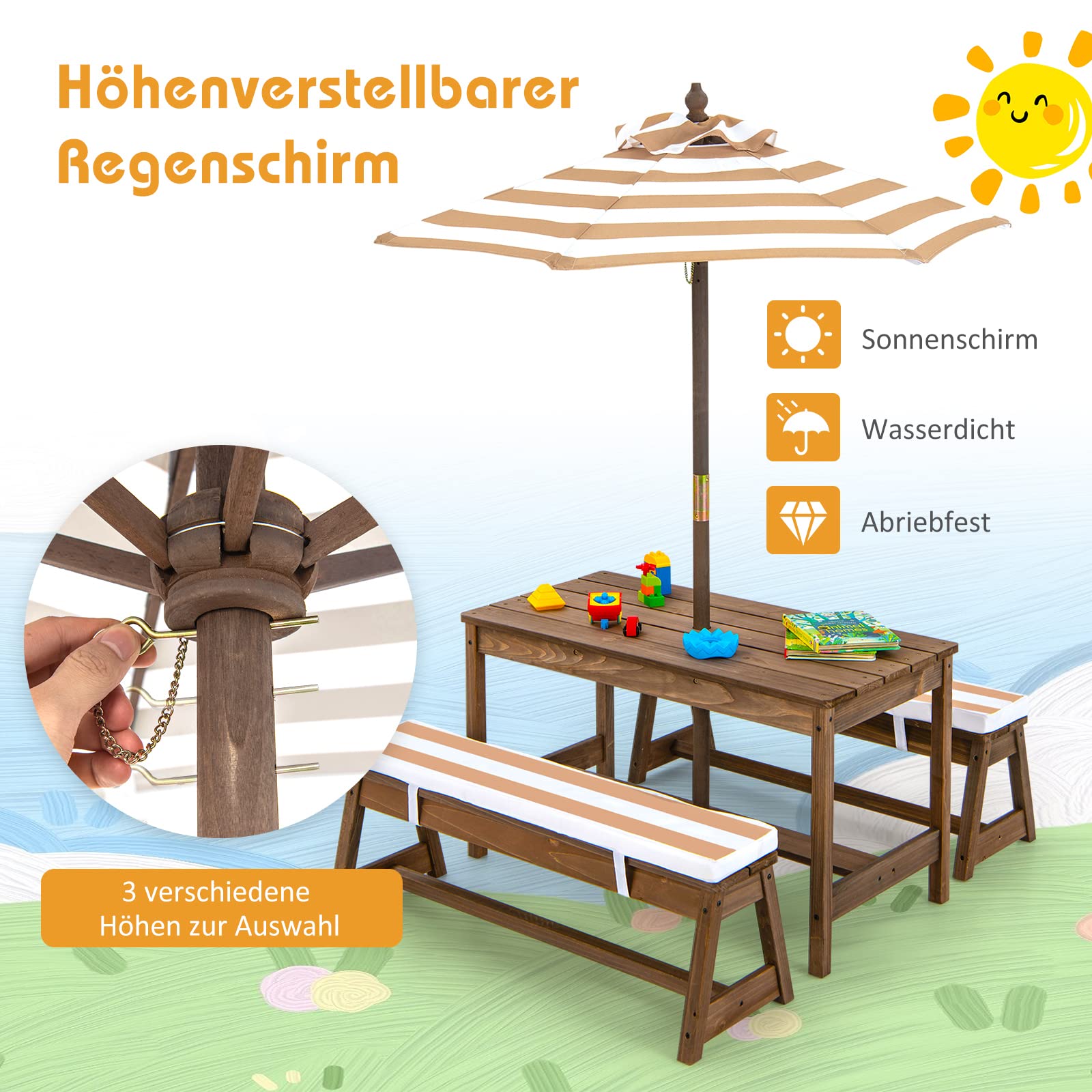 COSTWAY Kindersitzgruppe, Kinder Picknicktisch mit Bänke, Kissen & Sonnenschirm, Kindersitzgarnitur aus Holz, Sitzgarnitur, Sitzgruppe Outdoor, Gartenmöbel für Garten, Hinterhof, Terrasse (Hellbraun)