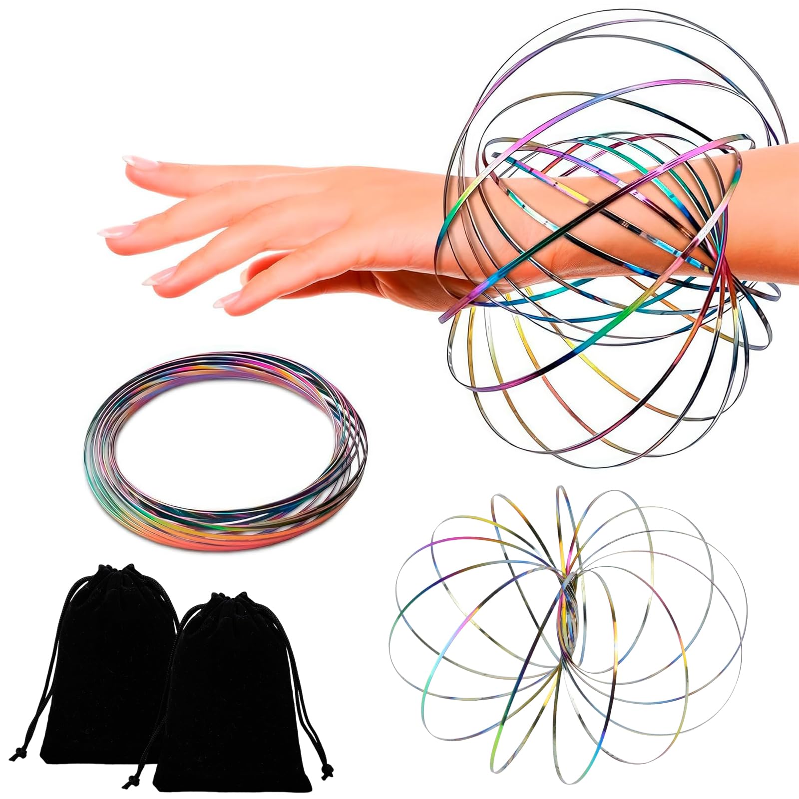 GUOYOU 2 Pack 3D Magic Flow Ring Toys Arm Spring Magic Flow Ring with 2 Black Cloth Bag Stress Relief Autism Magical Science Educational Toys Sensory Interactive Cool Dance Prop