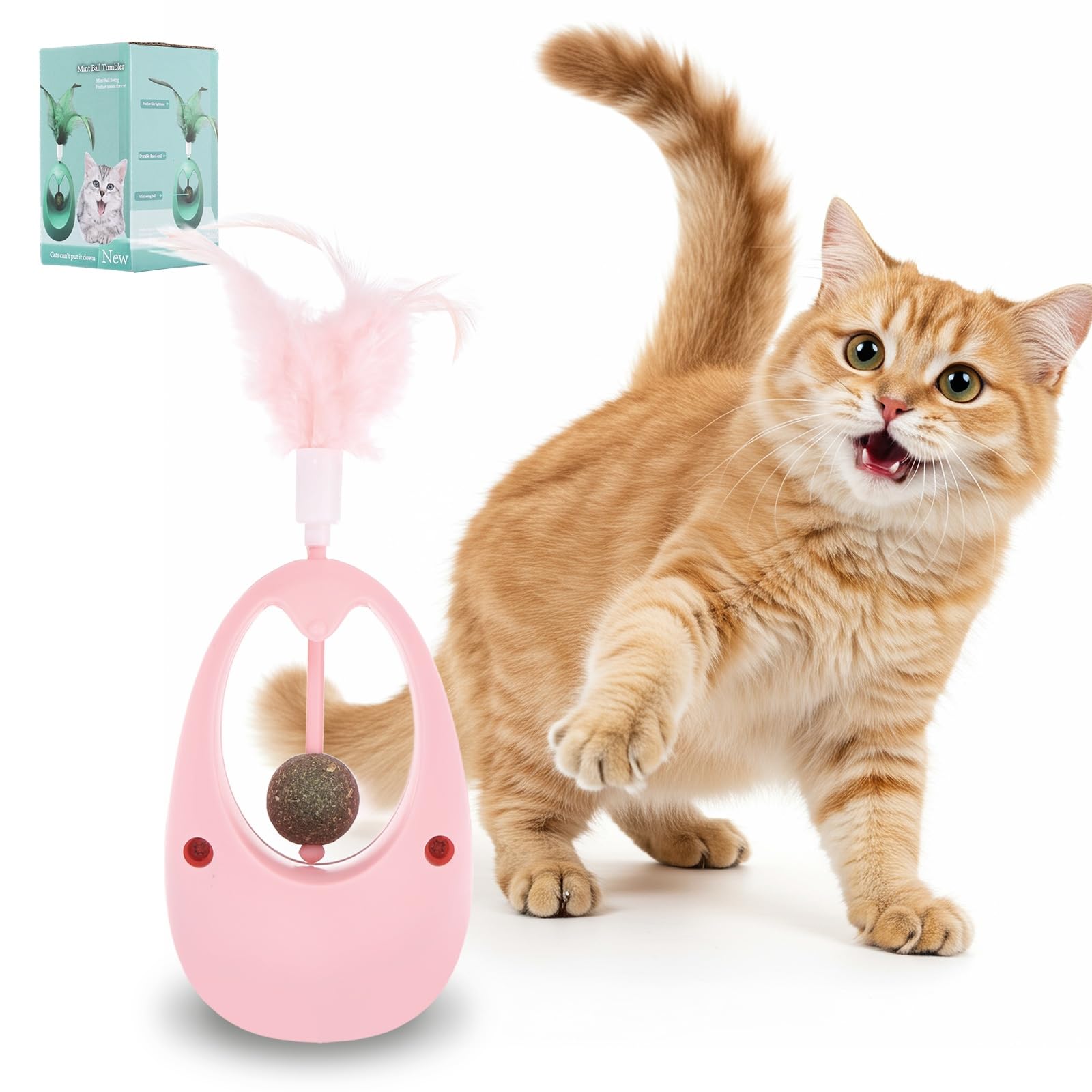 sourcing map Catnip Balls Interactive Self-Righting Wobble Tumbler with Feather, Silent and Battery-Free, Intended for Indoor Kittens Exercise/Entertainment Playing (Pink)