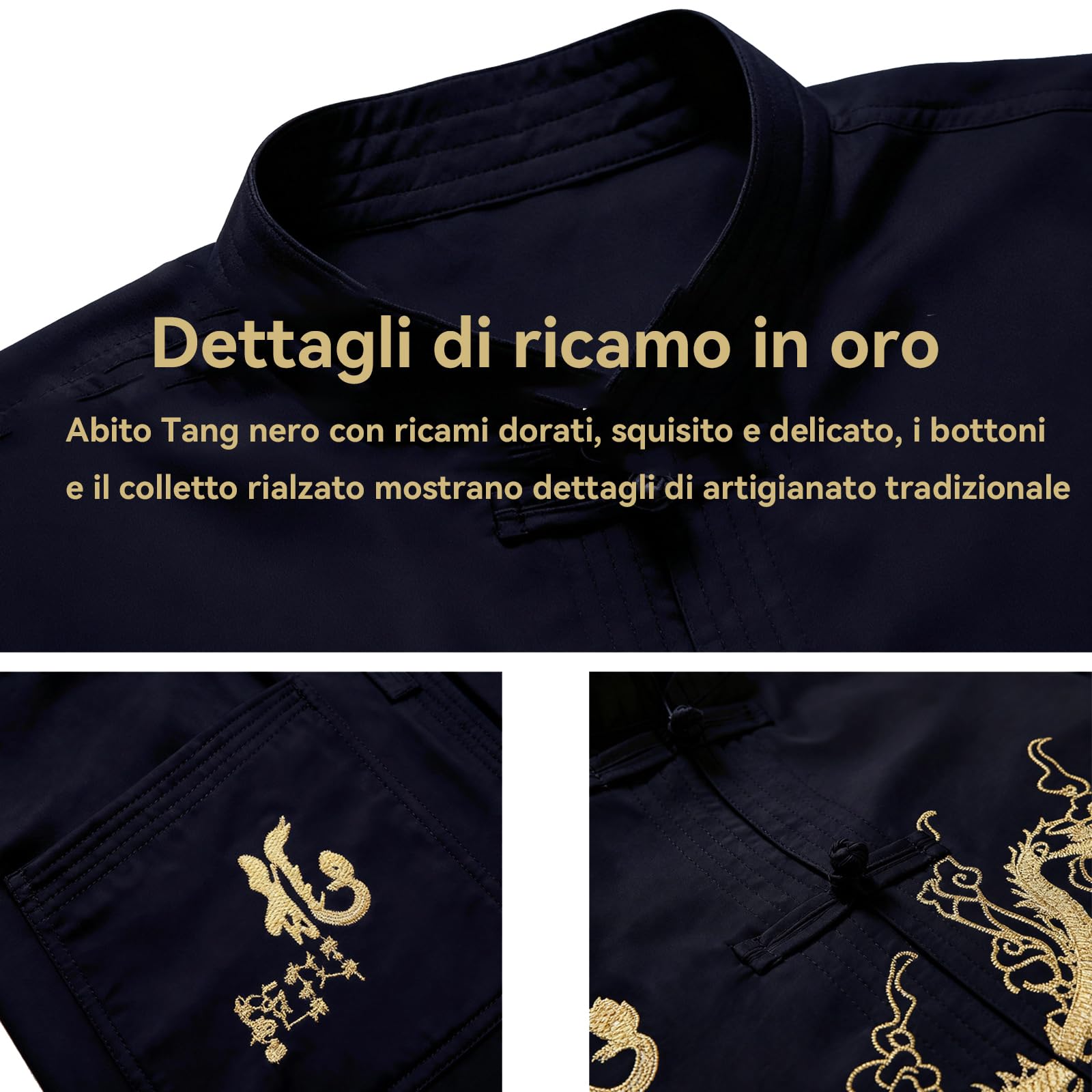 YUANZHOU Traje Chino Tai Chi Traje Tang Hombres Ropa Tradicional Hanfu Bordado Manga Superior Tops Y Pantalones Hebilla Cuello Alto Bordado,Black-42