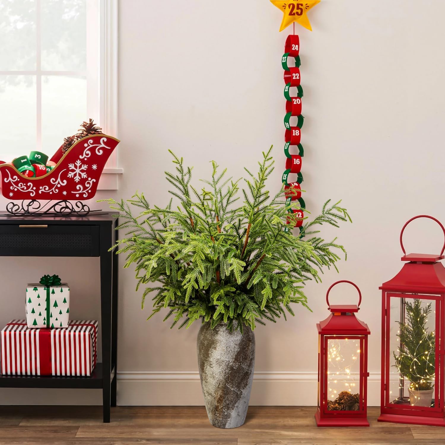 Norfolk Pine Stems 37" Tall Artificial Norfolk Pine Garland Stems Real Touch Cypress Tree Branches Winter Greenery Christmas Vase Filler DIY Wreath Indoor Outdoor Home Garden Decor (5 Pieces)