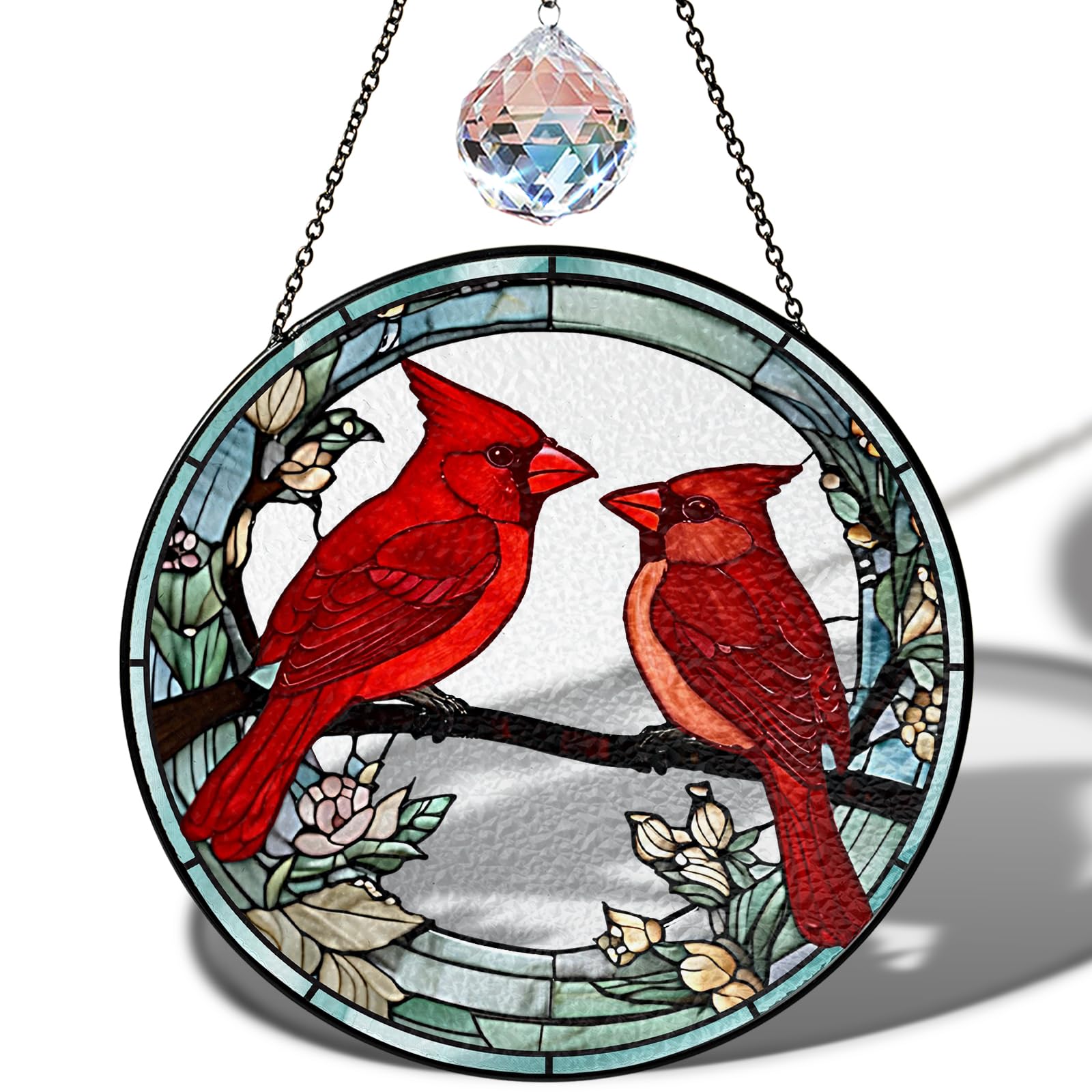 6" Cardinal Bird Stained Glass Suncatchers Art Glass Birds and Flowers for Sun Catcher Indoor Window Gifts for Nature Floral Bird Lovers Women Mom