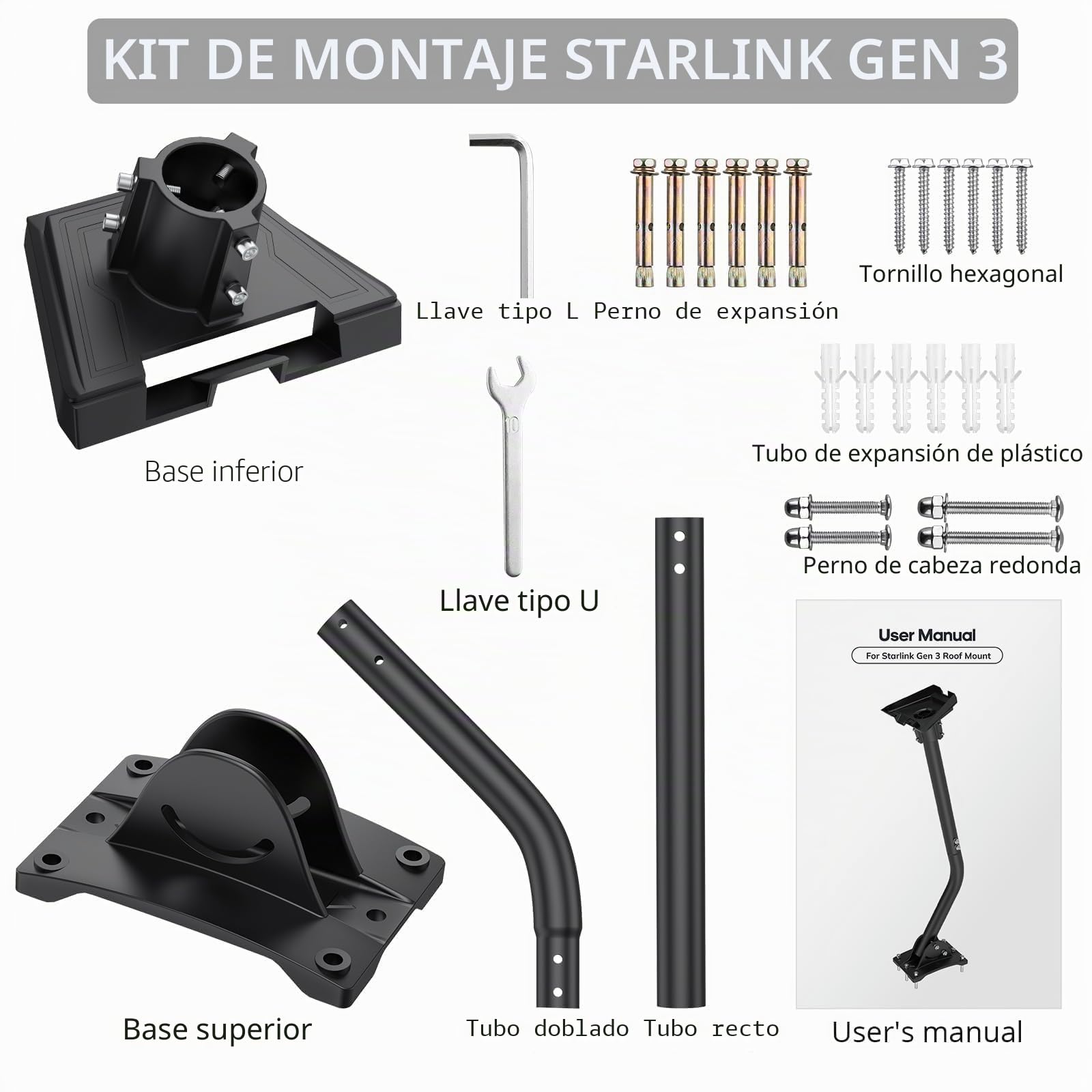 Justech Starlink Gen 3/4/4x Mount,Soporte Starlink V3 360°+ 20°Inclinación Aleación de Aluminio,Soporte de Pared con Adaptador de Tubo Compatible con Starlink Standard 4/4X/Gen 3