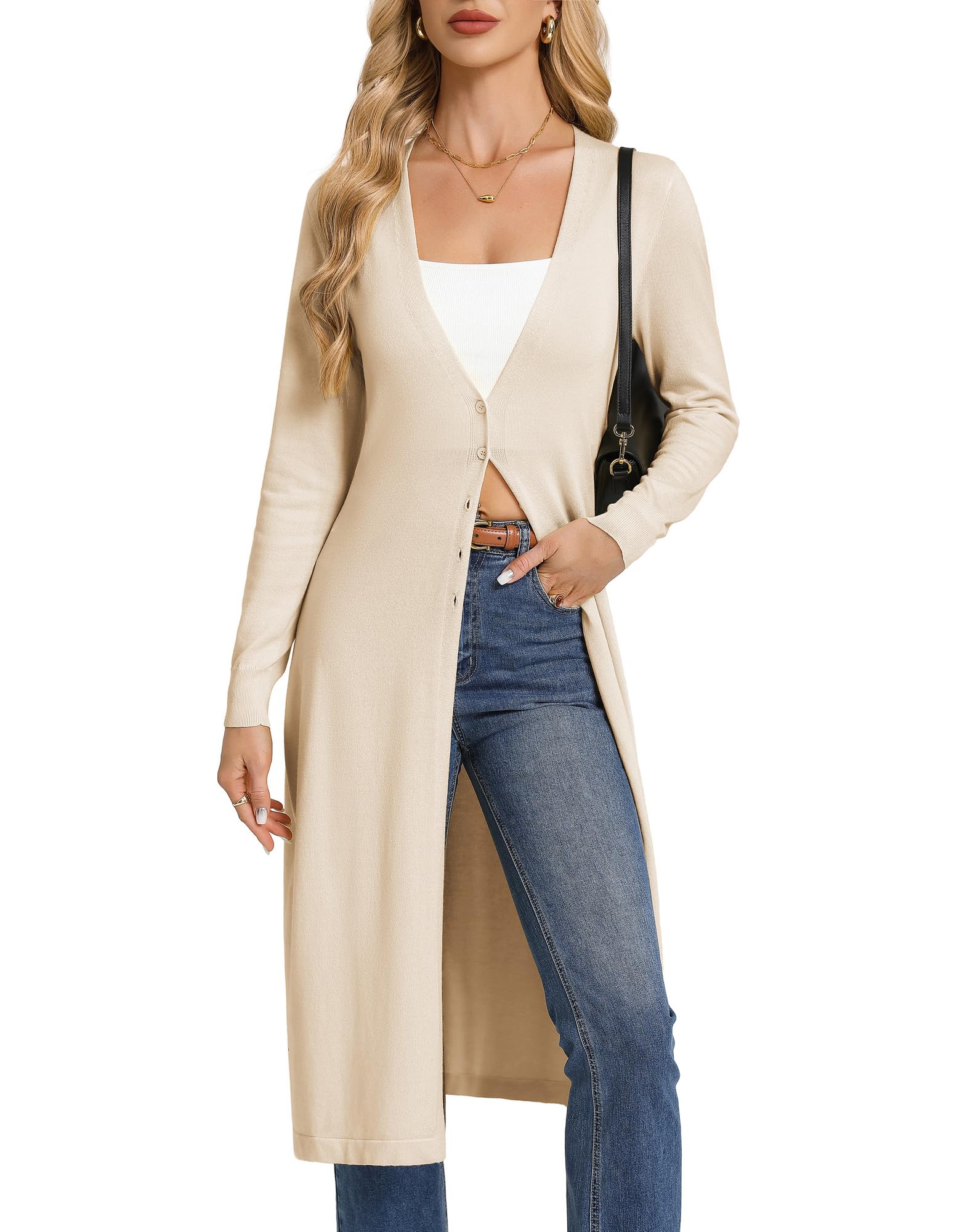 GRACE KARIN Damen Leichtes Lang Strickjacke Langarm Cardigan Mit Elegant V-Ausschnitt Und Knöpfen