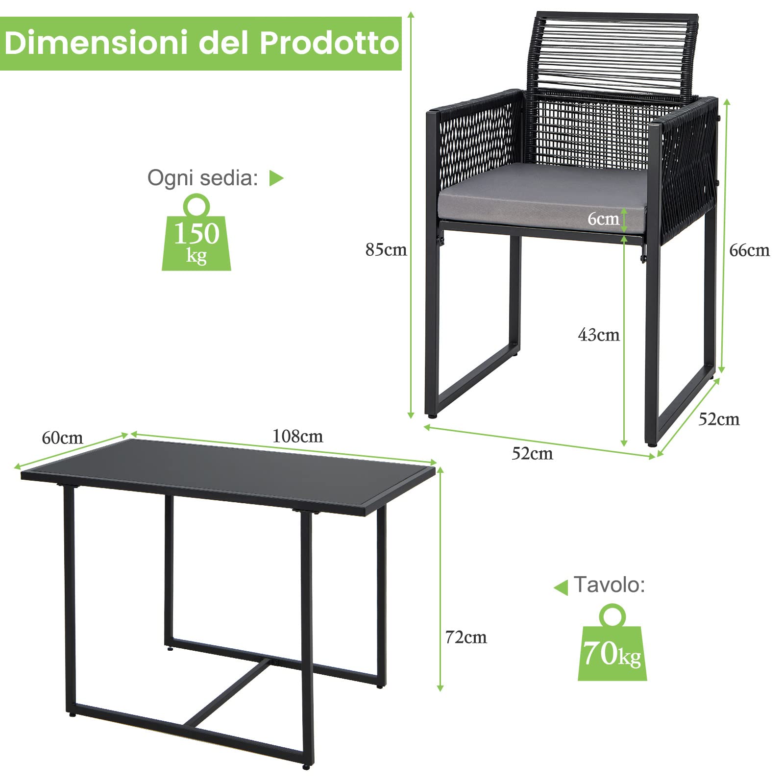 COSTWAY Set di 3 Pezzi Pranzo da Giardino, Tavolo e Sedie in Rattan PE con Vetro Temperato