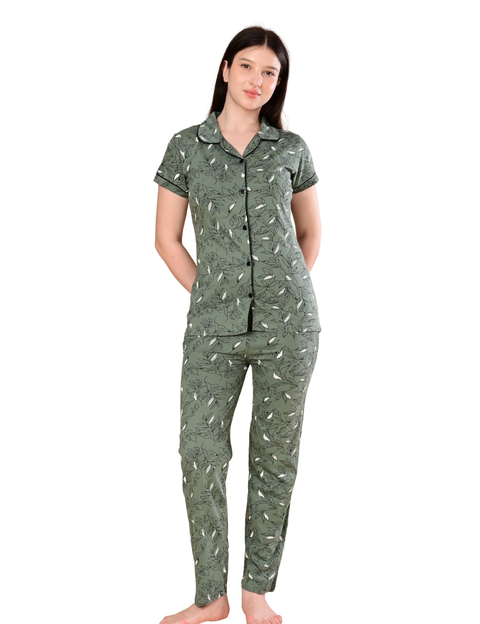 so glamy Women's Cotton Night Suit Set, Olive Green, Floral Print, Button-Down Shirt and Straight-Fit Pyjama, Sleepwear-picture-50