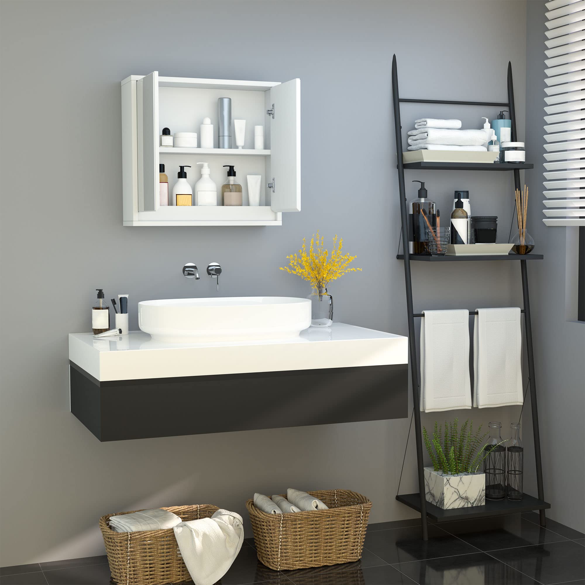 HOMCOM Armario de Baño con Espejo con 2 Puertas y Estante Ajustable Mueble Colgante de Baño para Aseo Estilo Moderno 48x14,5x45 cm Blanco