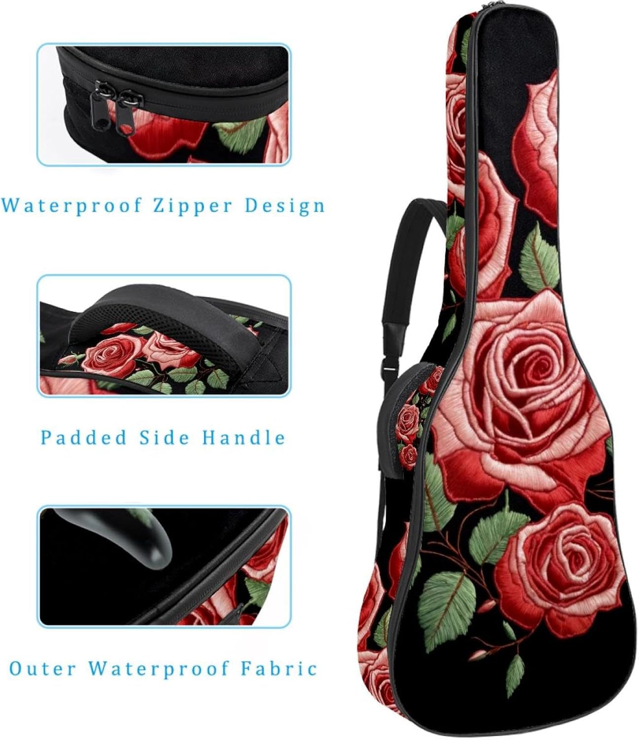 Acoustic Guitar Bag 0.4 Inch Thick Padding Waterproof Guitar Case Gig Bag for 40 41 42 Inch Electric Bass Classical Guitar, Embroidery Rose Flowers