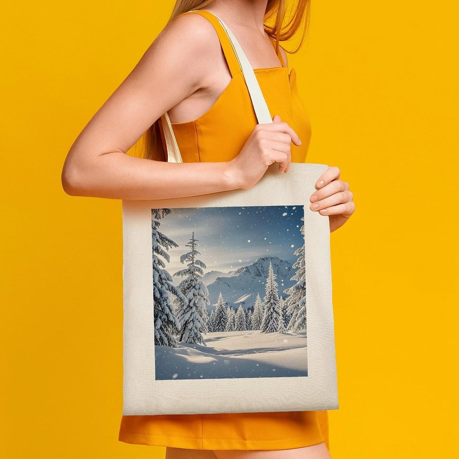 Winter Skiing Cotton Polyester Blend Canvas Carryall Bag | Winter Skiing Reusable Fabric Handbag for Grocery Travel Daily Errands Multipurpose Storage Carry Tote