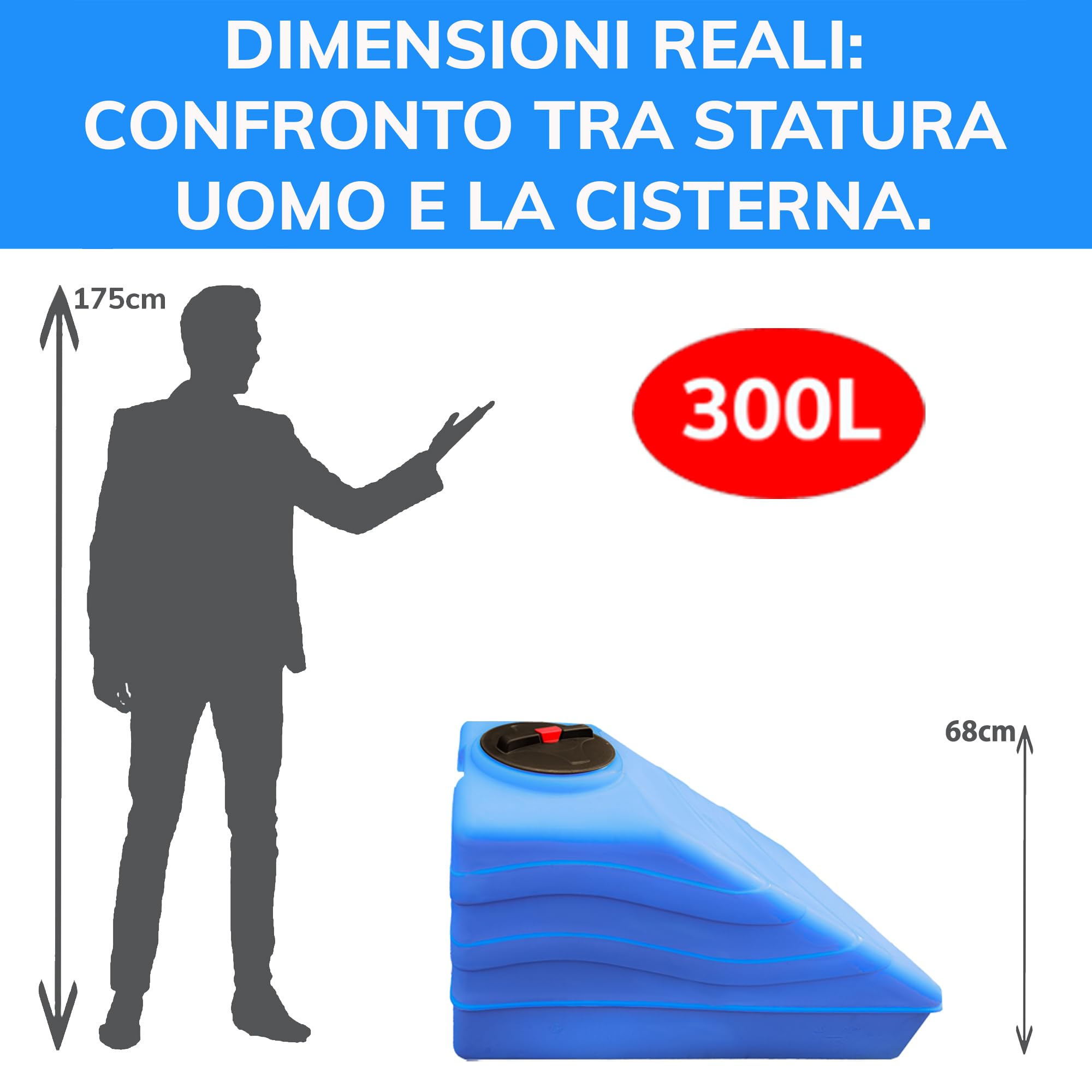 ESTO Serbatoio Acqua per Acqua Potabile 300L per Sottoscala, Cisterna Blu in Polietilene per Uso Esterno Predisposizione Rubinetto, Resistente Made in Italy (300 Litri)
