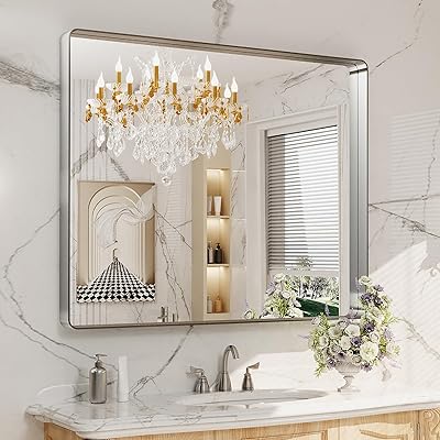 LOAAO 48X30 Inch Brushed Nickel Bathroom Mirror, Rounded Rectangle Silver Metal Frame Mirror, Brushed Nickel, Anti-Rust, Shatter Proof, Hangs Horizontally or Vertically