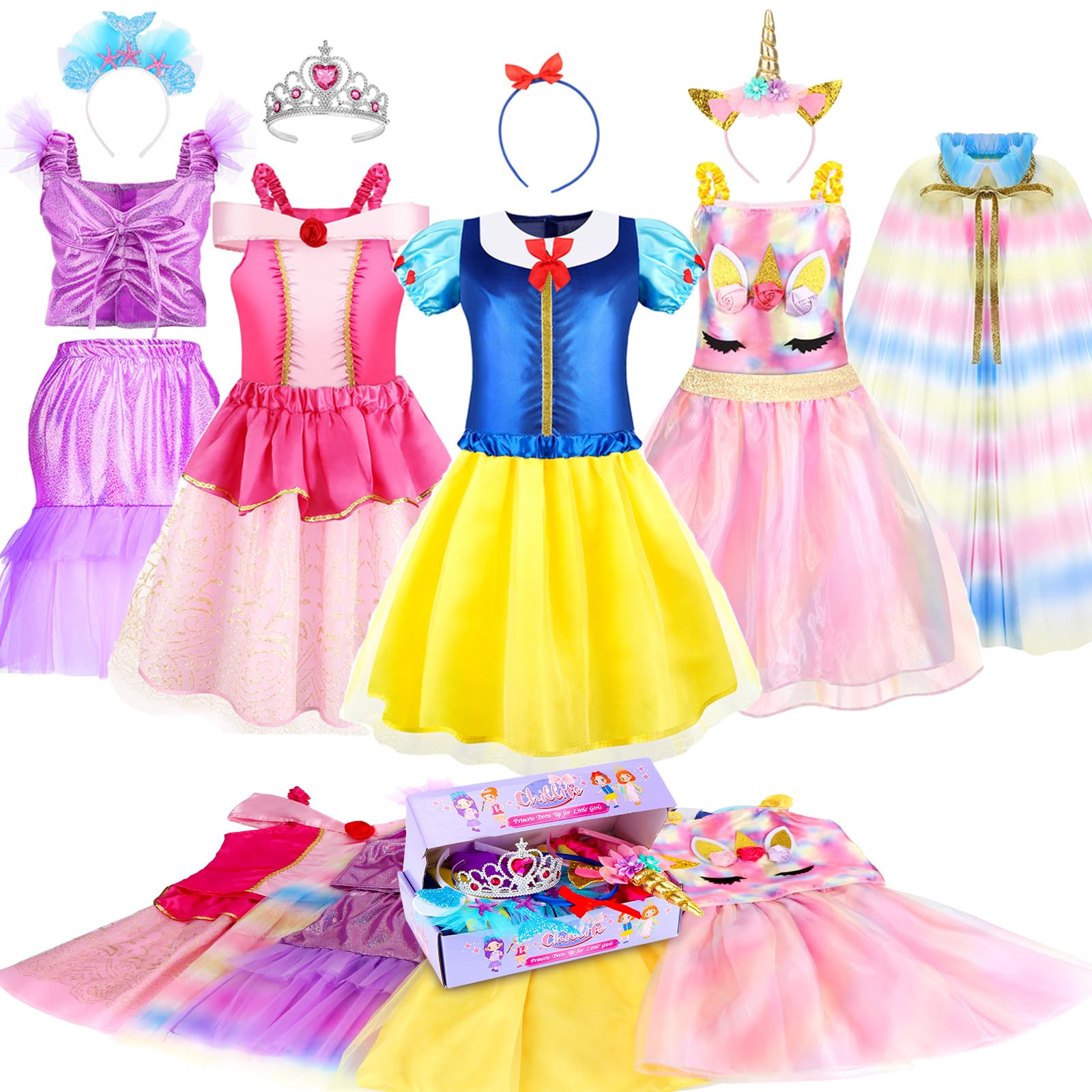 Chillife Princess Dress Up for Girls, Role Play Kids Dress up Clothes Gift Set Princess Toys for Little Girls Ages 3-8yrs Toddler Birthday Party