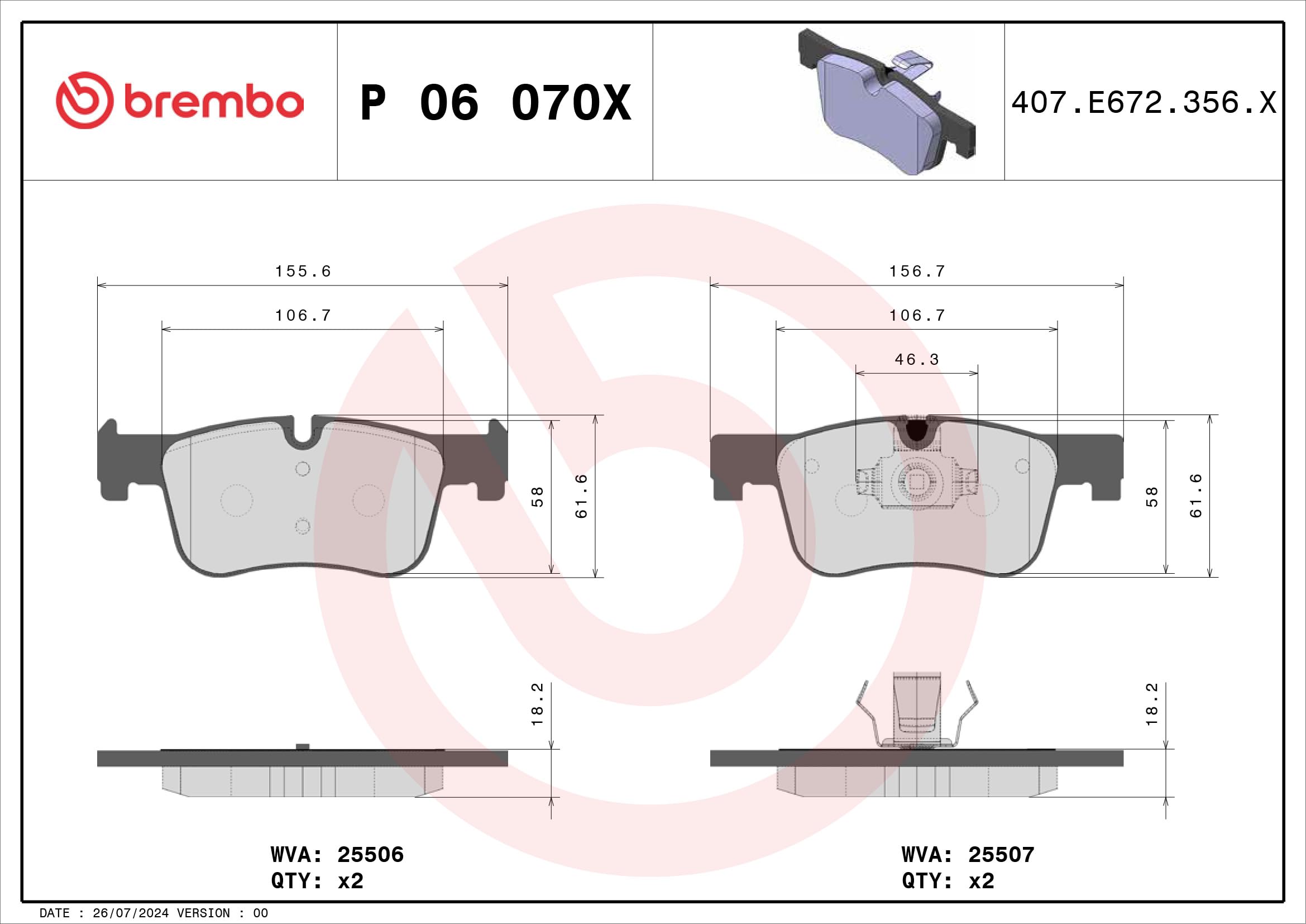 Zestaw Klocków Hamulcowych BREMBO P 06 070X przód