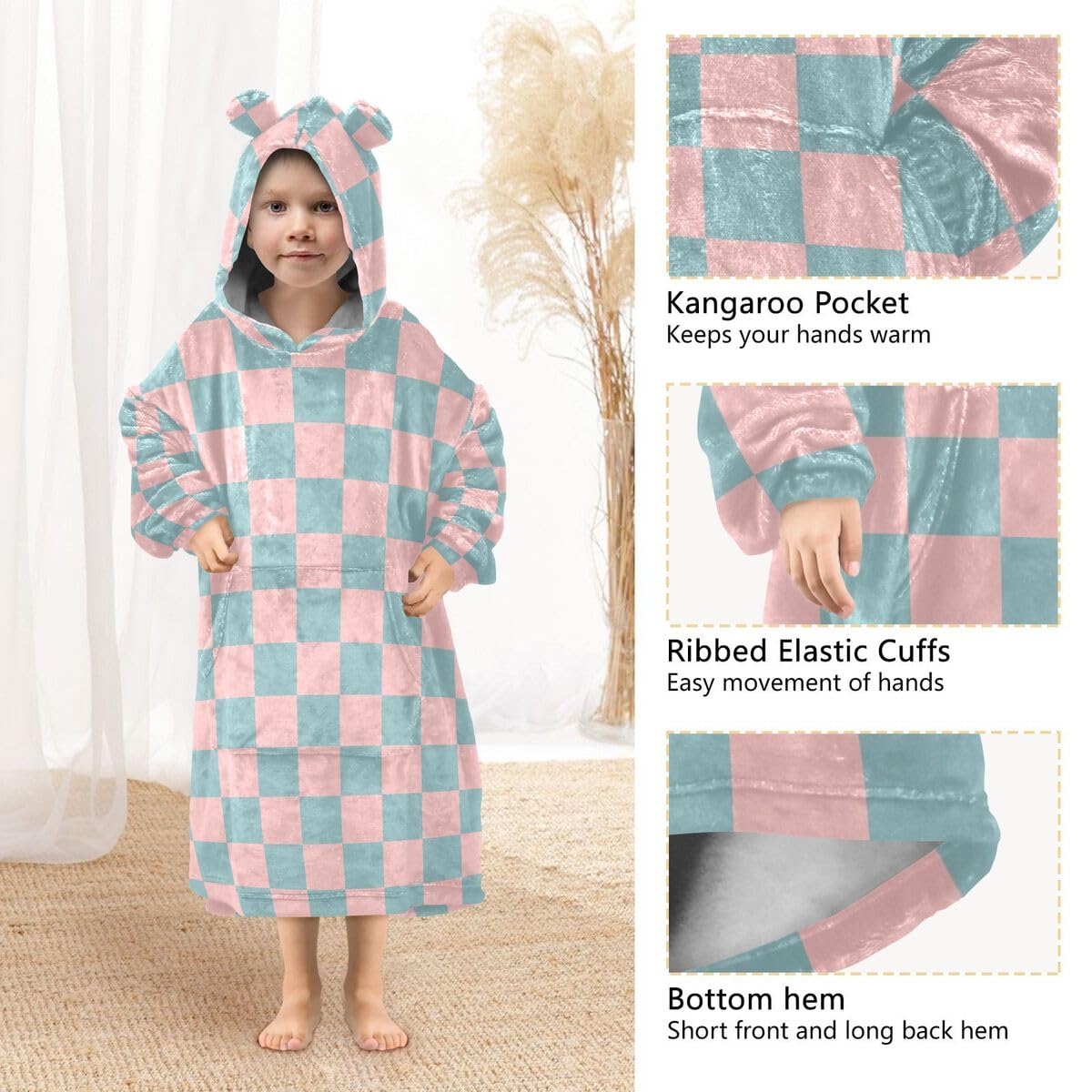 Dziecięcy koc w kratkę retro bluza z kapturem oversize bluza koc sweter niebieski różowy dla chłopców i dziewcząt w wieku 3-14 lat