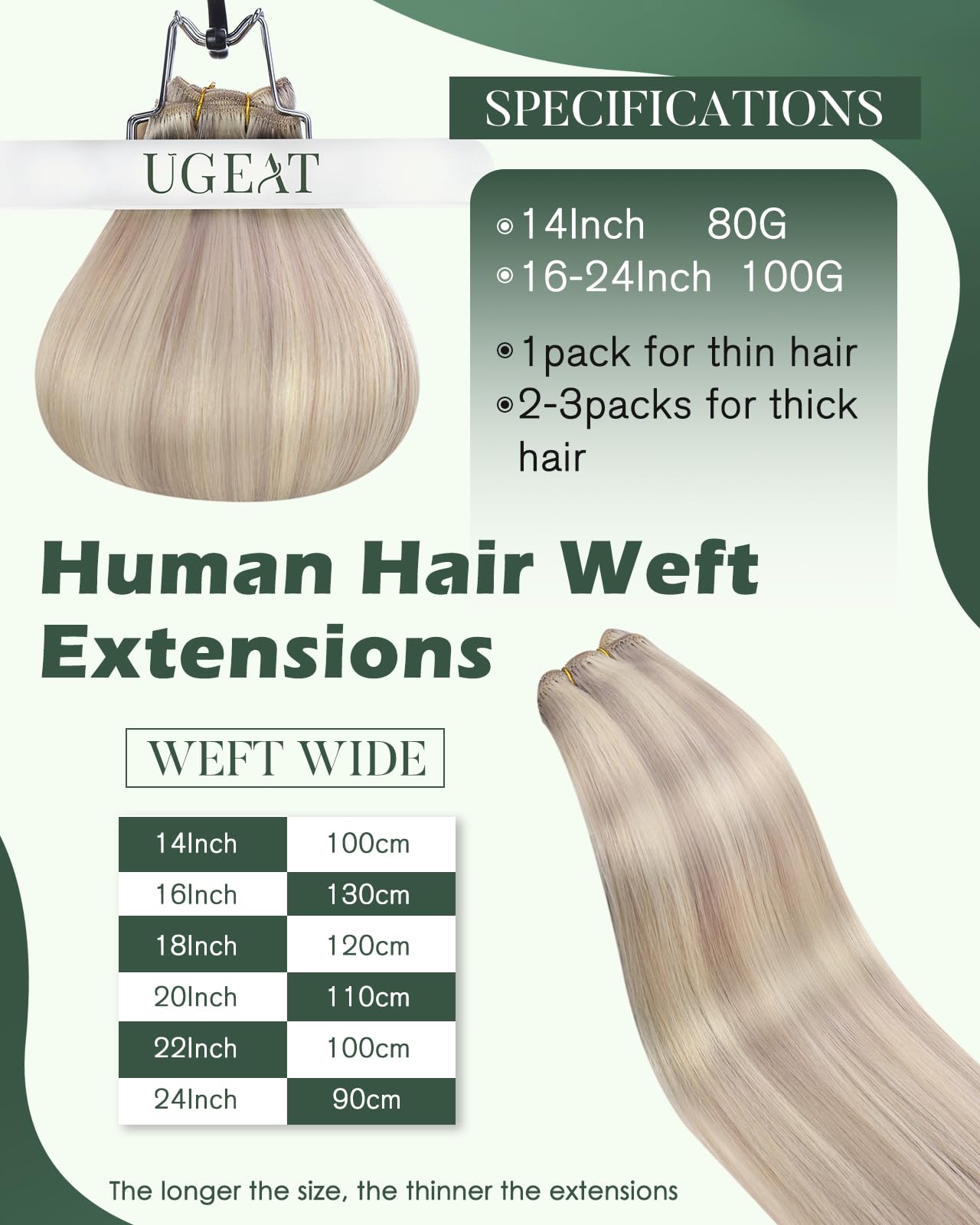 Ugeat Przedłużanie Włosów Tkactwo, Włosy Ludzkie, Pasemka Popielaty Blond, 55 cm 100g, Przedłużanie Włosów Wplatania Popielaty Blond, Remy Naturalne Proste