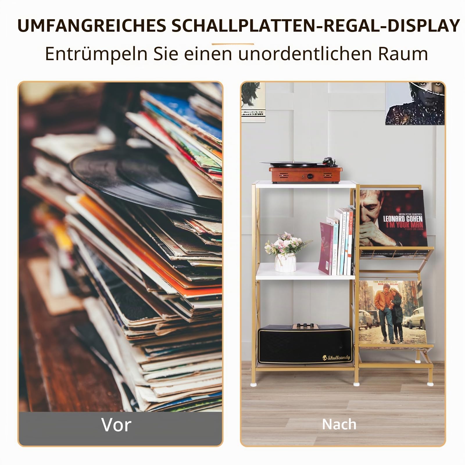 HYCFYJR Plattenspieler Ständer, Schallplatten Aufbewahrung mit 2-stufiger Vinyl Halter und Metallrahmen, Plattenspieler Regal Beistelltisch für Wohnzimmer, Gold Weiß