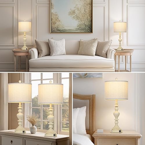 Miniatura 8 de Juego de 2 lámparas de mesa de granja de 27 pulgadas, lámparas de noche vintage con puertos de carga USB A+C, control táctil regulable de 3 vías,